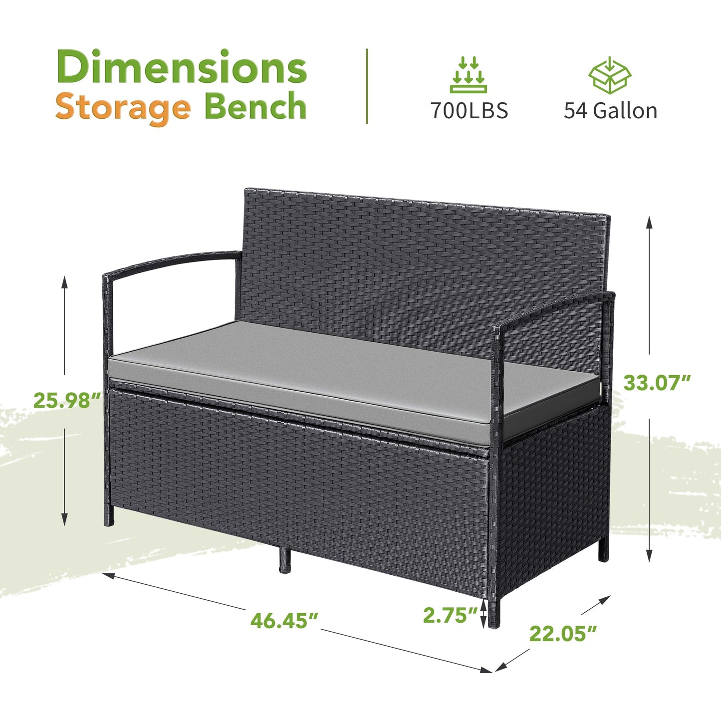 Greesum Patio Loveseat PE Rattan Wicker Outdoor Furniture with Soft Cushions & Built-in Storage Space for Lawn Garden Backyard, Black