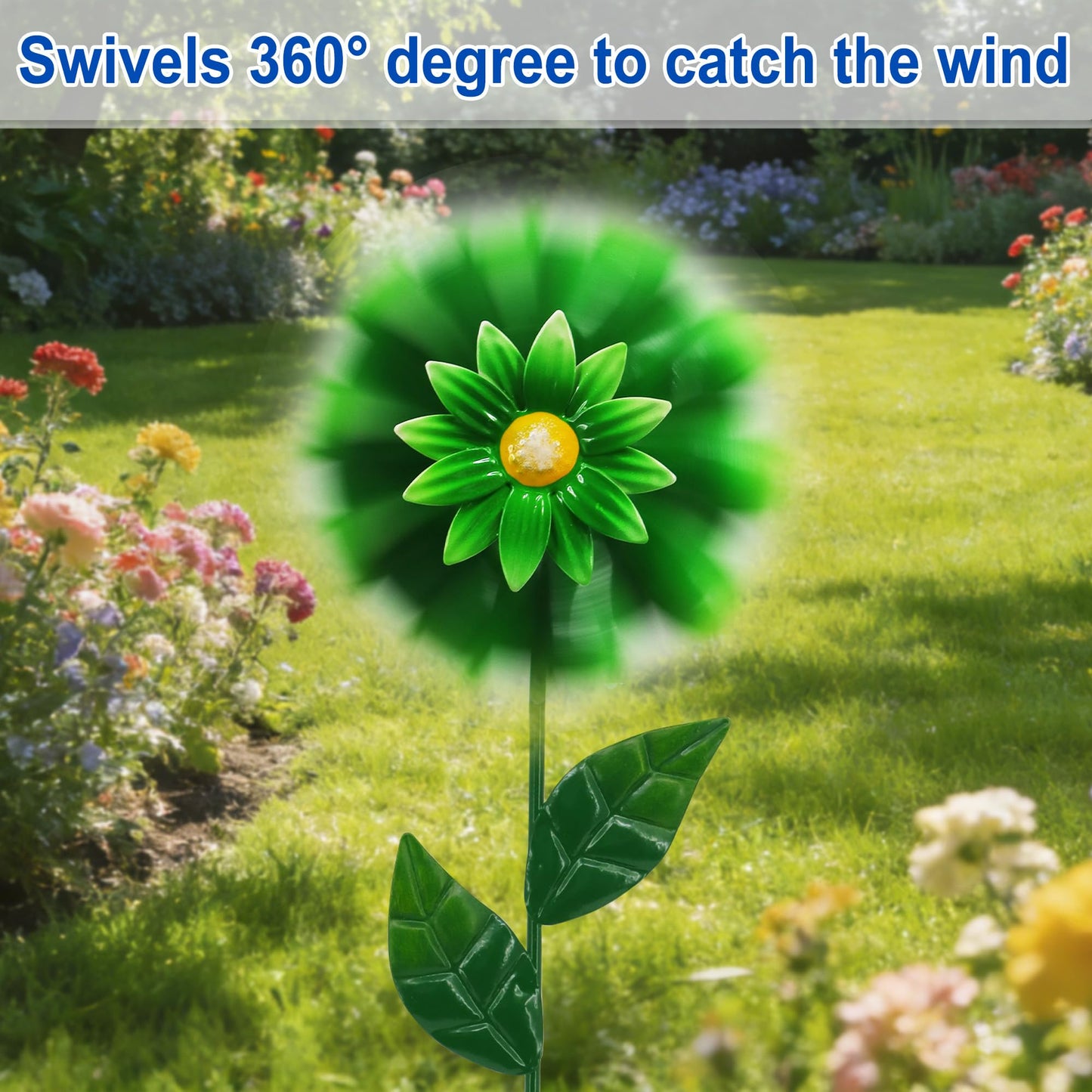 2 Pack Metal Flower Wind Spinners, Yellow Sunflower & Green Daisy Garden Stakes Yard Art, Decorative Floral Pinwheels Lawn Ornaments for Outdoor, Patio, Backyard and Flower Bed Spring Decor