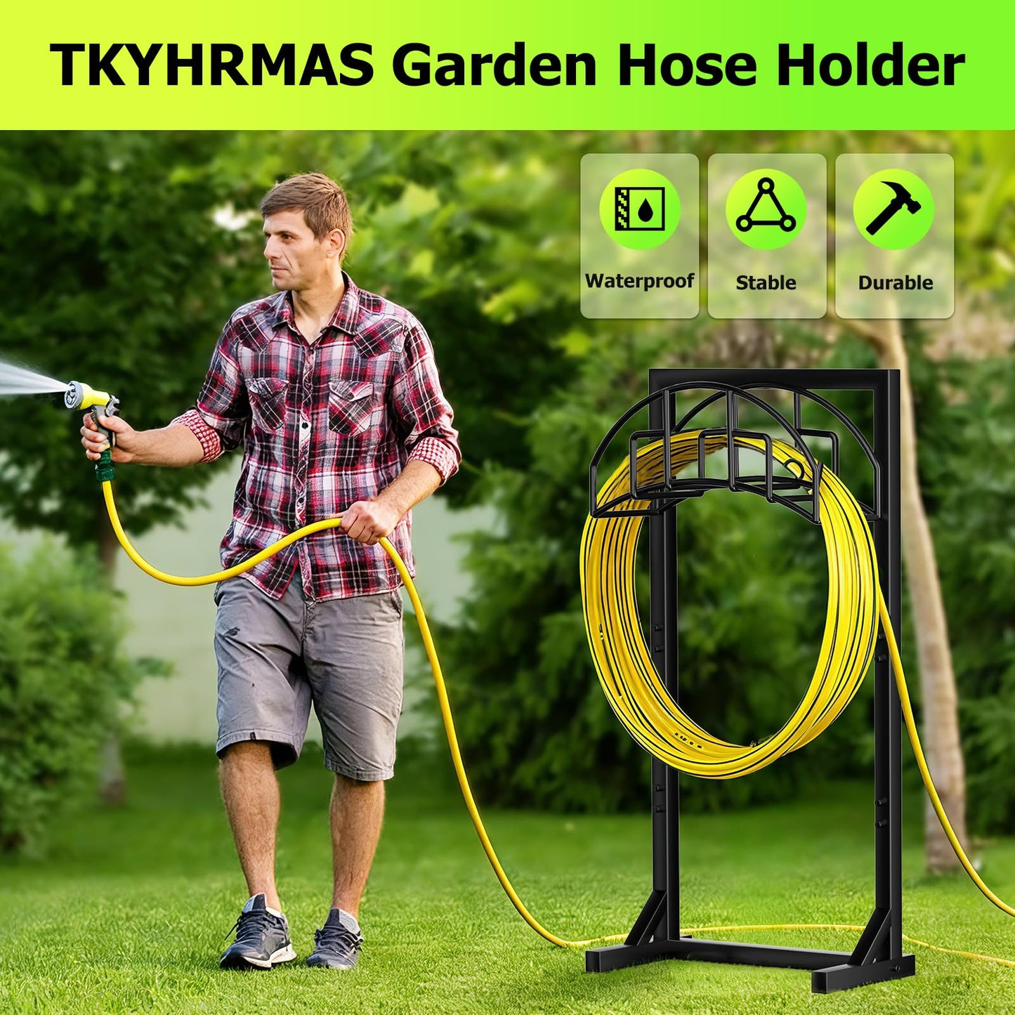 TKYHRMAS Garden Hose Holder, Detachable Metal Water Hose Holder for Outside, Heavy Duty Freestanding Hose Hanger Stand Hold Up to 150FT
