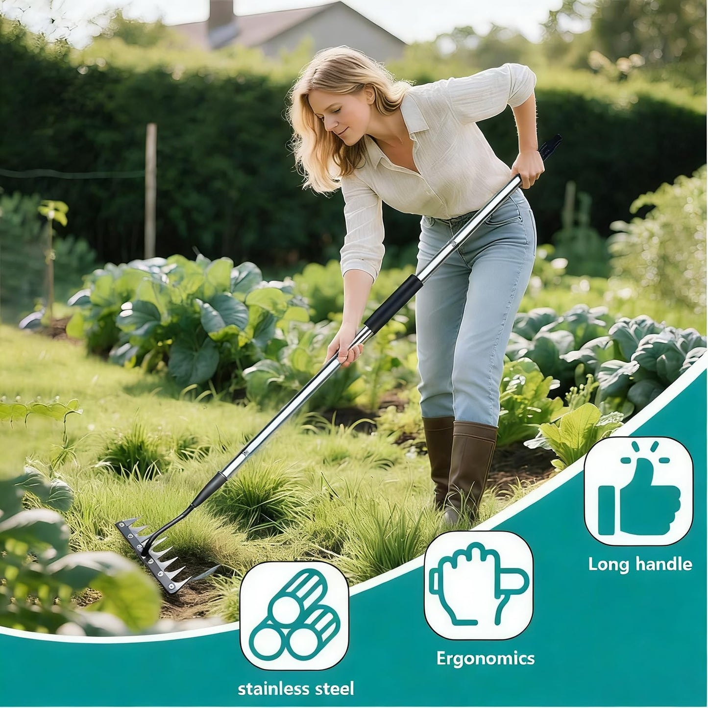Upgraded Iron Weeding Tool with Adjustable Length Long Handle (28"-60") 3.0,Garden Weed Puller Tool ,8 Tines Manual Weeder Rake,Heavy Duty Weed Puller for Removing Weeds,Lawn, Flower Beds and Aeration