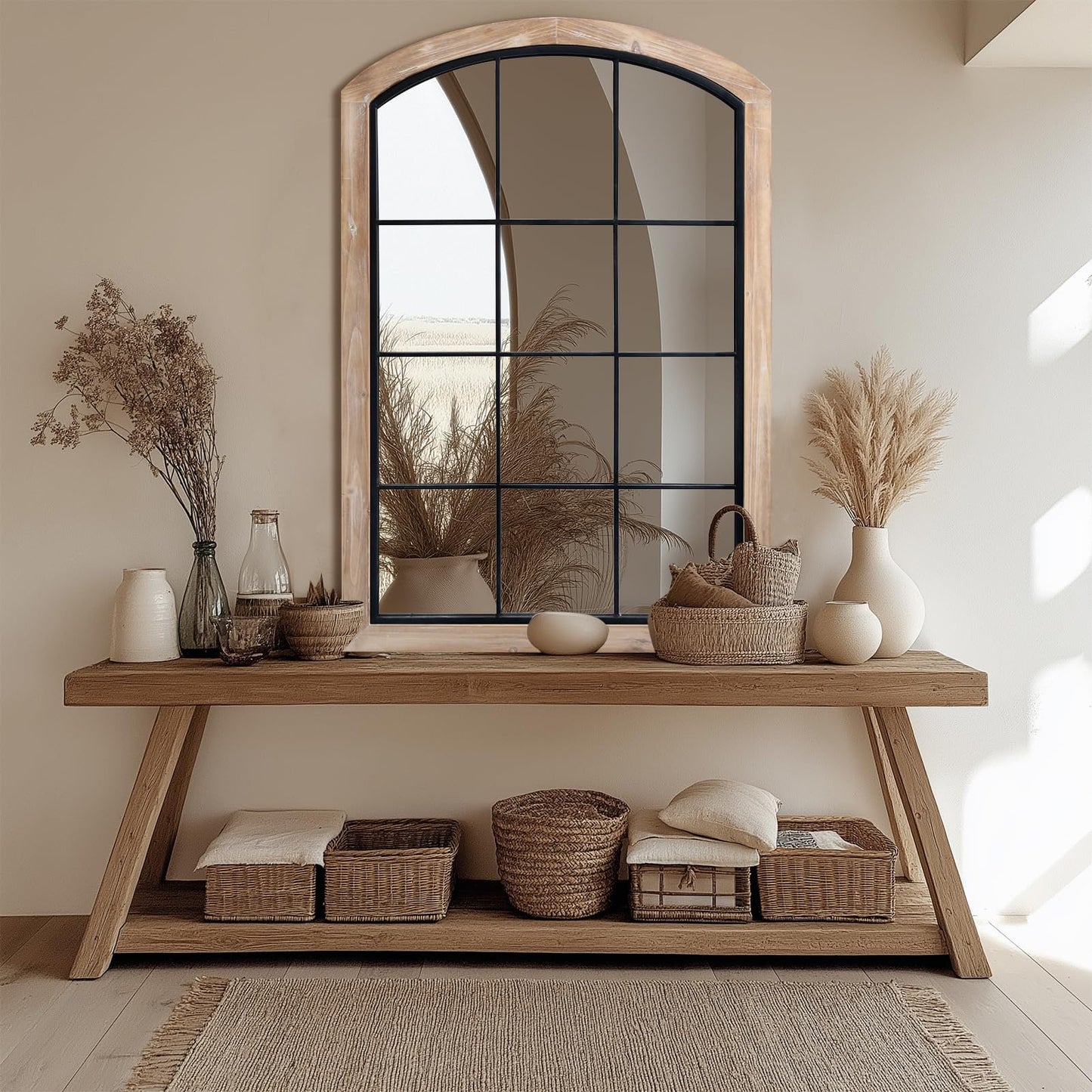 IPOUF Farmhouse Arch Wood Window Mirror, 24X36 Decorative Arch Wall Mirror, Wood Framed Rustic Mirror Metal Inner Frame Wall Decor for Entryway & Living Room,Natural