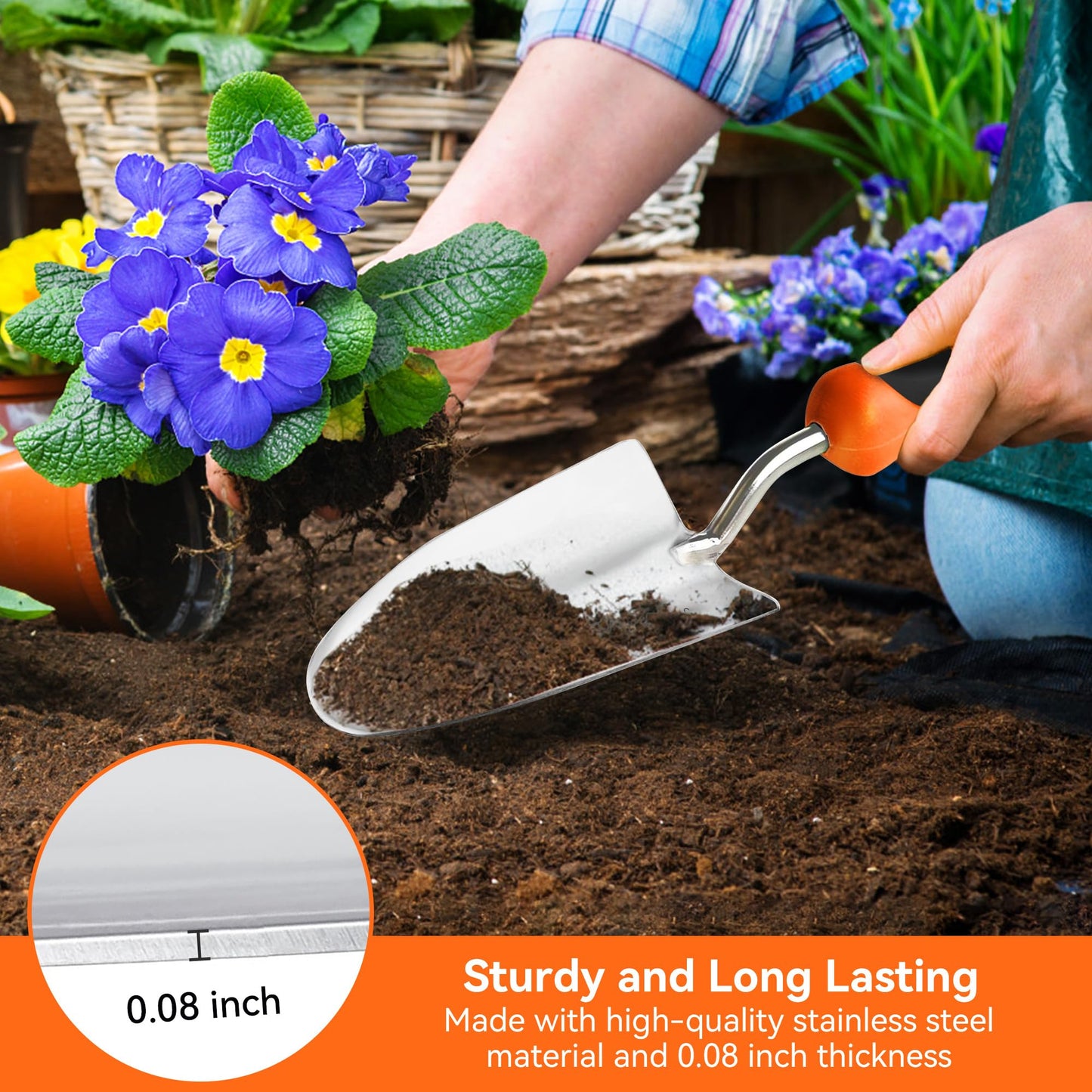 ECOWORK Garden Tool Set 3-in-1 with Heavy-Duty Trowel, Transplanter & Cultivator for Digging and Planting, Polished Cast-Aluminum Heads for Rust Resistance, Non-Slip SoftGrip Handles Reduce Fatigue