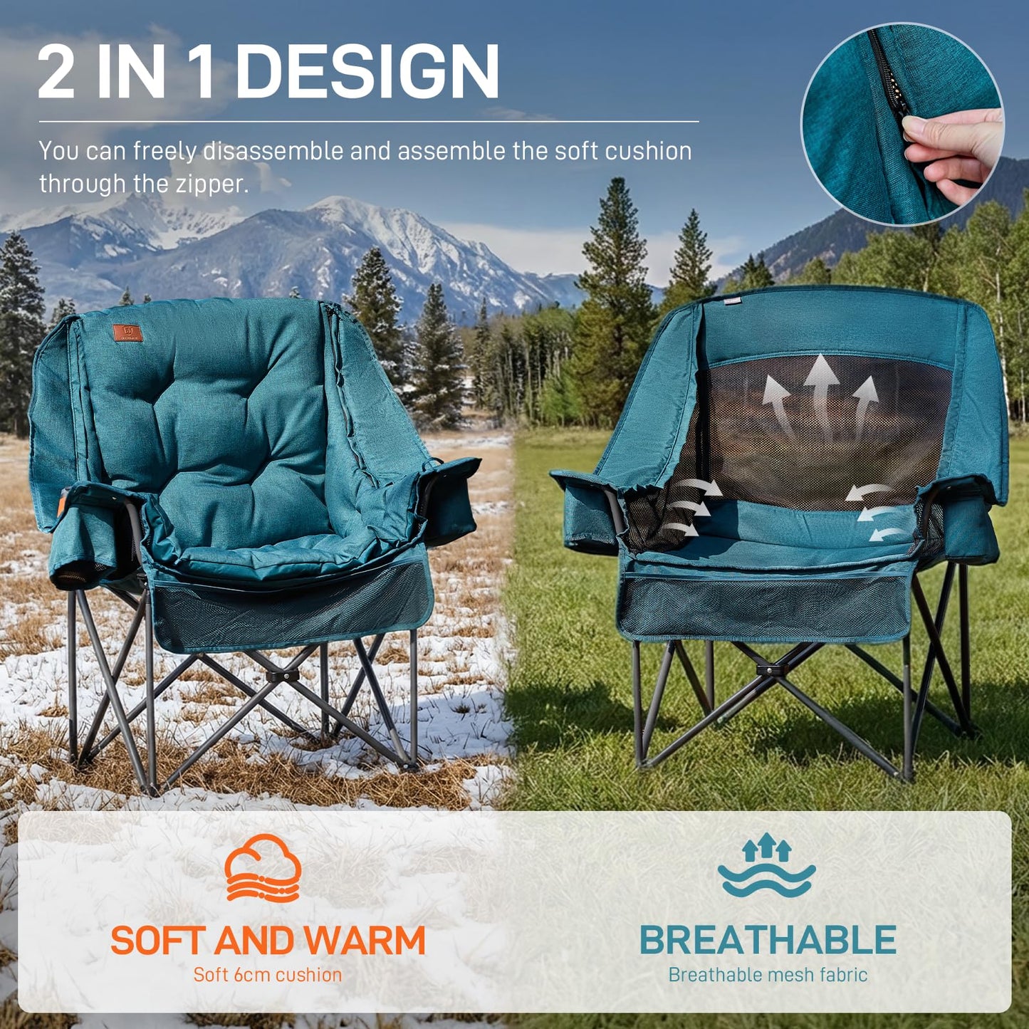 EVER ADVANCED XL Camping Chair with Detachable Cushion, Mesh Chair for Adults Foldable, Oversized Heavy Duty Folding Chair with Cooler Mesh Pocket Cupholder Outdoor Fishing, Supports 400LBS Green