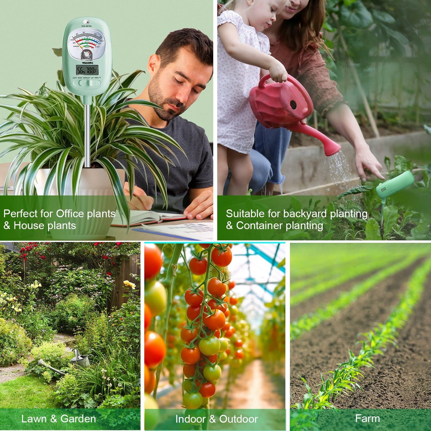 HSLGOVE Soil Test Kit, 7-in-One Soil Moisture Meter/Soil PH Meter/Fertility, Dual Screen Soil Tester w/Digital Soil Temp/Air Temp&Humidity for Plants Gardening,Lawn,Farm Indoor&Outdoor-Mint Green