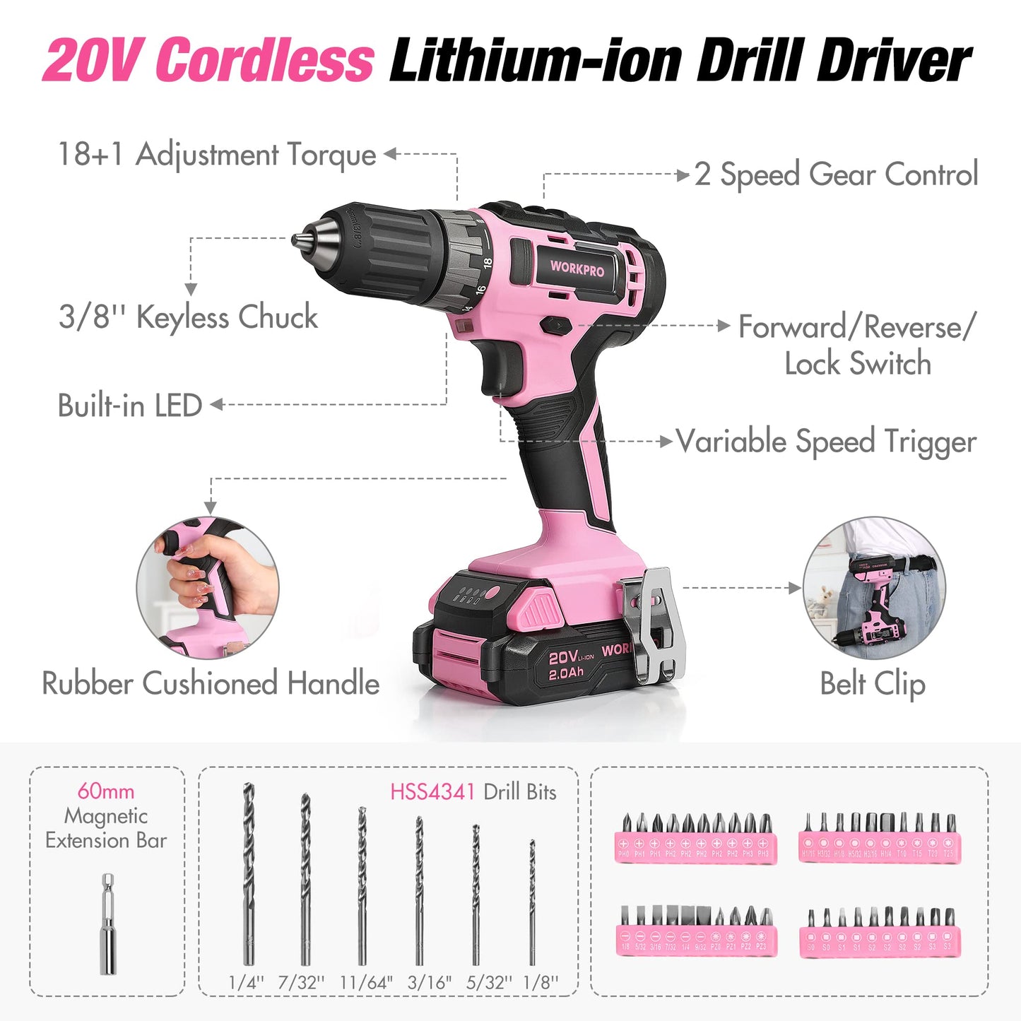 WORKPRO Pink Tool Kit with Drill, Tool Set with 20V Cordless Lithium-ion Drill Driver, Pink Drill Set for Women, 157PCS Home Tool Kit, Lady's Repairing Kit with 14-Inch Storage Bag - Pink Ribbon