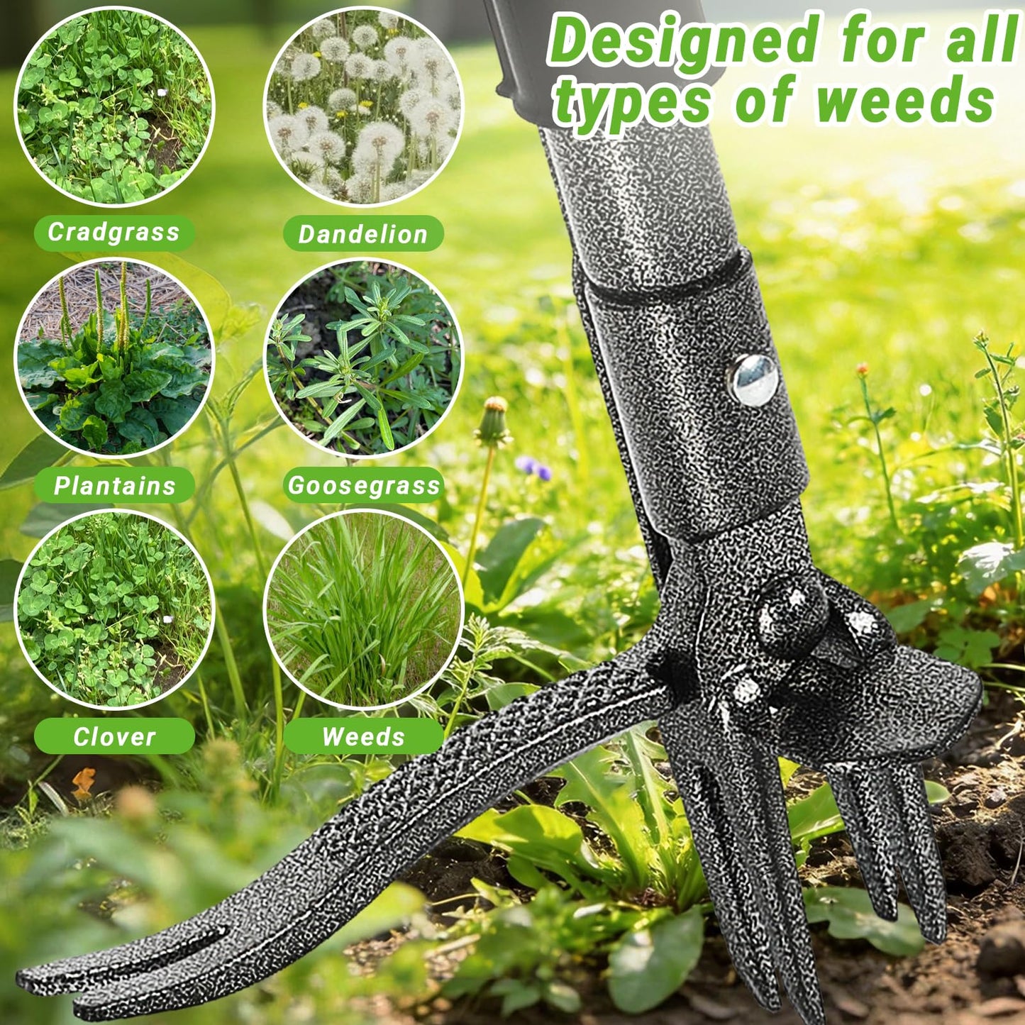 Bamda Weed Puller Tool, Heavy Duty Gardening Hand Tools with 4-Claw Steel Head & Dual-Eject Mechanism, 43.5" Bamboo Long Handle Stand Up Weeding Tool for Lawn Yard, Includes 16 Gallon Leaf Bag