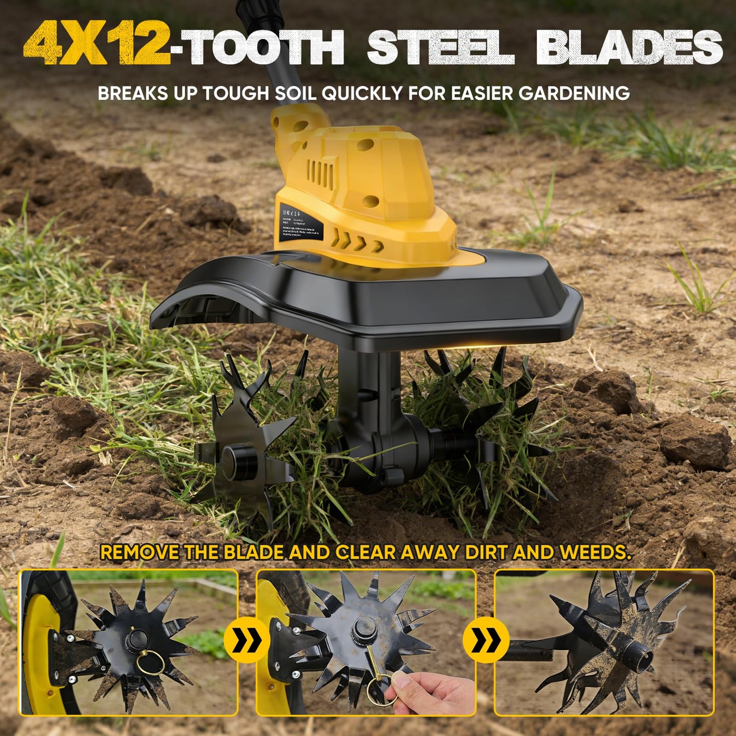 Cordless Tiller Cultivator, 400RPM Electric Rototiller with 2×4.0Ah Battery & Charger, 9" Width 8.3" Depth, Adjustable Foldable Garden Tiller with LED Power Display for Gardening/Soil Cultivation