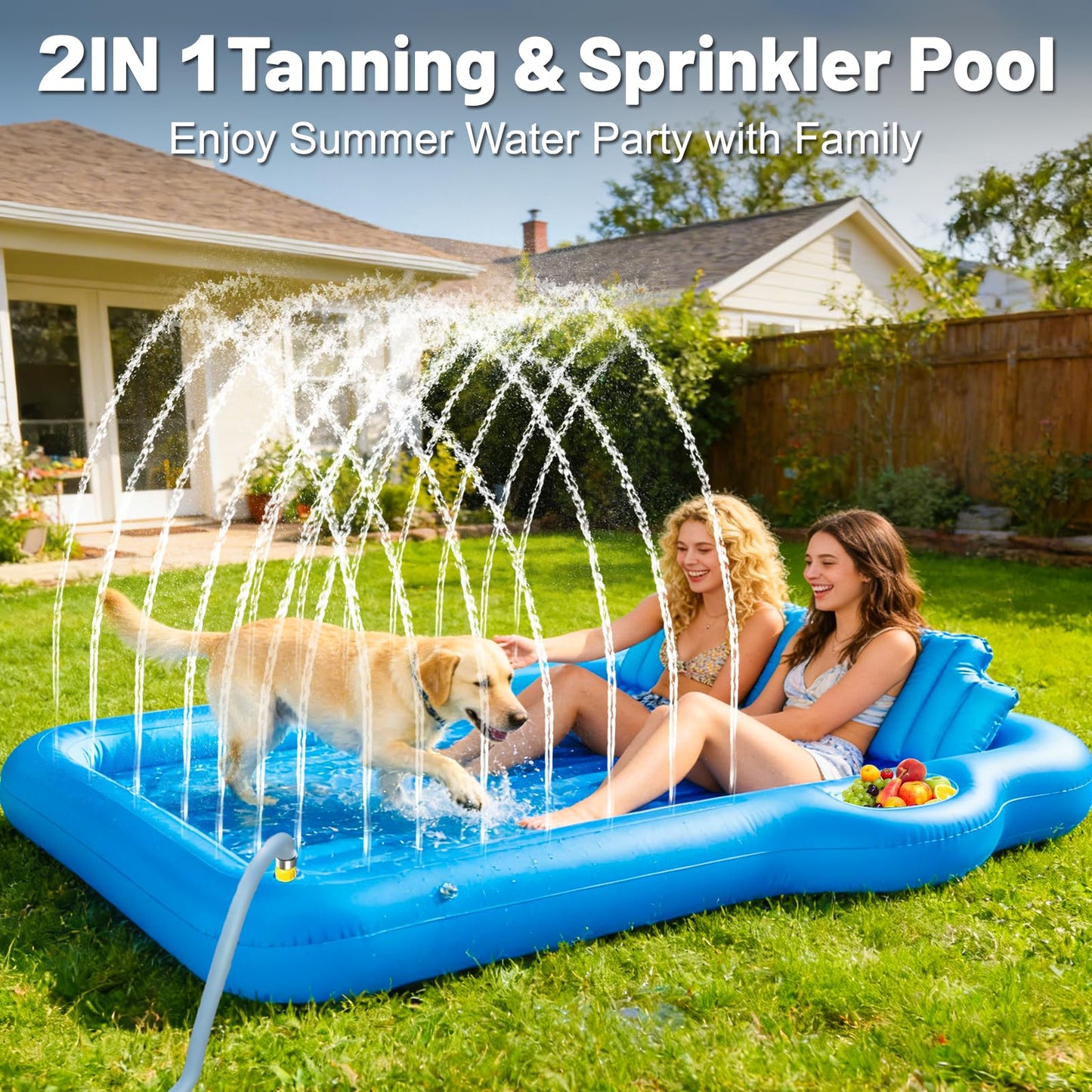83"x63" Extra Large Inflatable Tanning Lounger Float with Sprinkler,2-Person Pool Float Adults with Backrest,Cup & Food Holder Blow Up Tanning Bed for Summer Beach Pool Party(Extra Large-Blue)