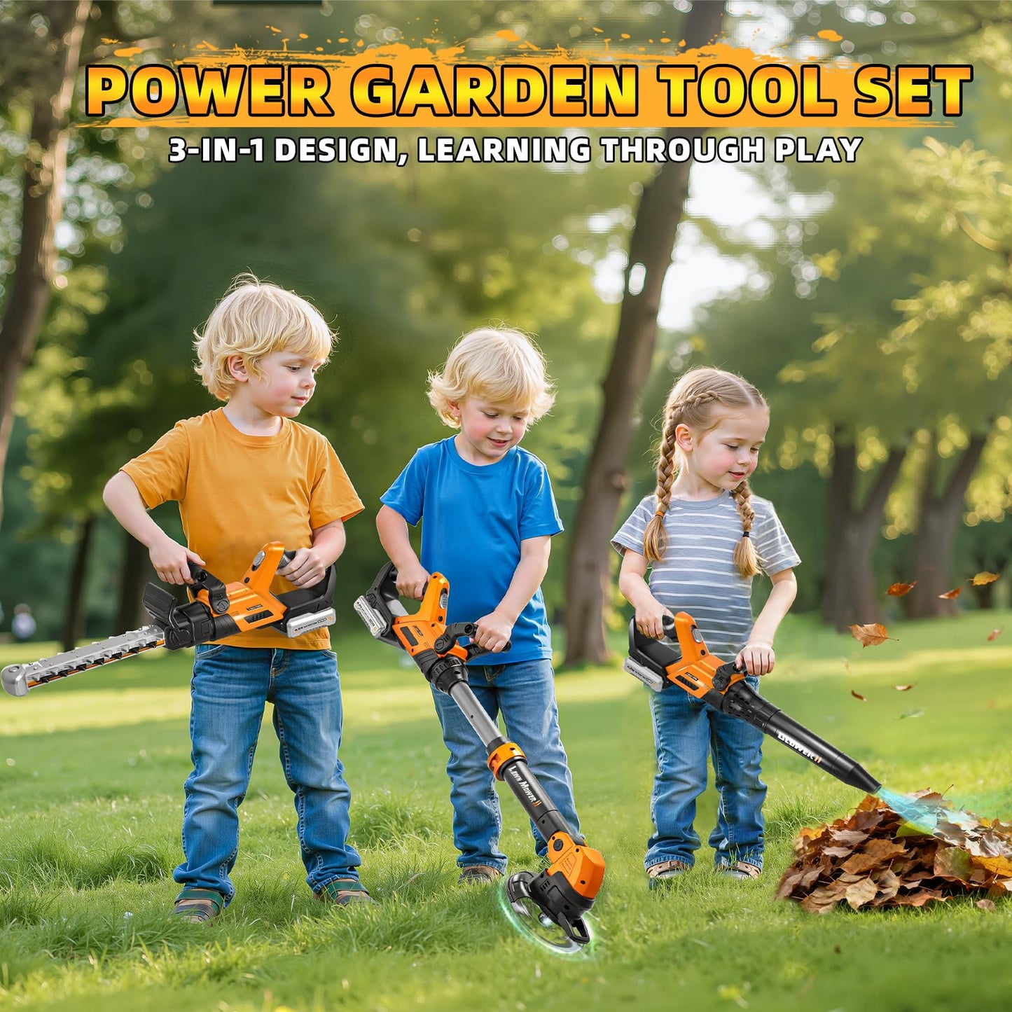 Kids Tool Set, 3 in 1 Kids Power Garden Tools with Sounds & Lights, Toy Weed Wacker, Toy Leaf Blower and Hedge Trimmer, Outdoor Toys, Toy Tools, Christmas Birthday Gifts for Boys 3 4 5 6 7 8 Year Old