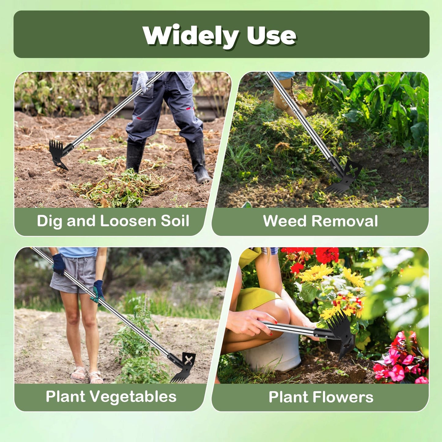 NICOFPHY Weed Puller Tool with Long Handle, 60" Manual Weeding Tools Gardening, 2 in 1 Hand Weed Rake and Hoe Garden Weeder Tool, Uprooting Pulling Weed Remover Tool for Yard, Patio, Lawn and Garden