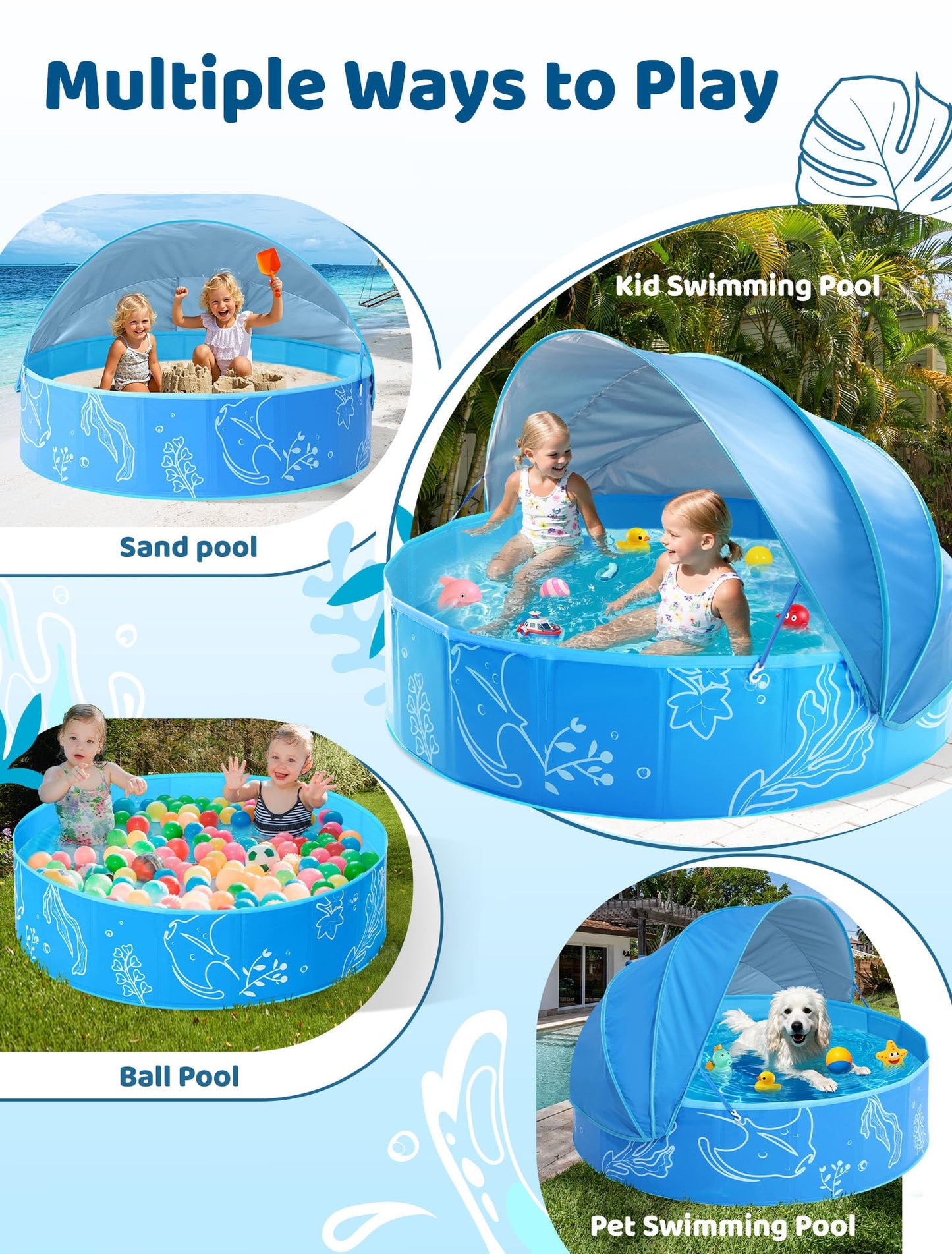 Hikiddy Foldable Kiddie Pool with Canopy: 31.5in/ 47in /63in for Baby Toddler Kids Family - Summer Water Play Pool with Shade - Portable for Outdoor Backyard Beach (Blue-Blue, 47in)