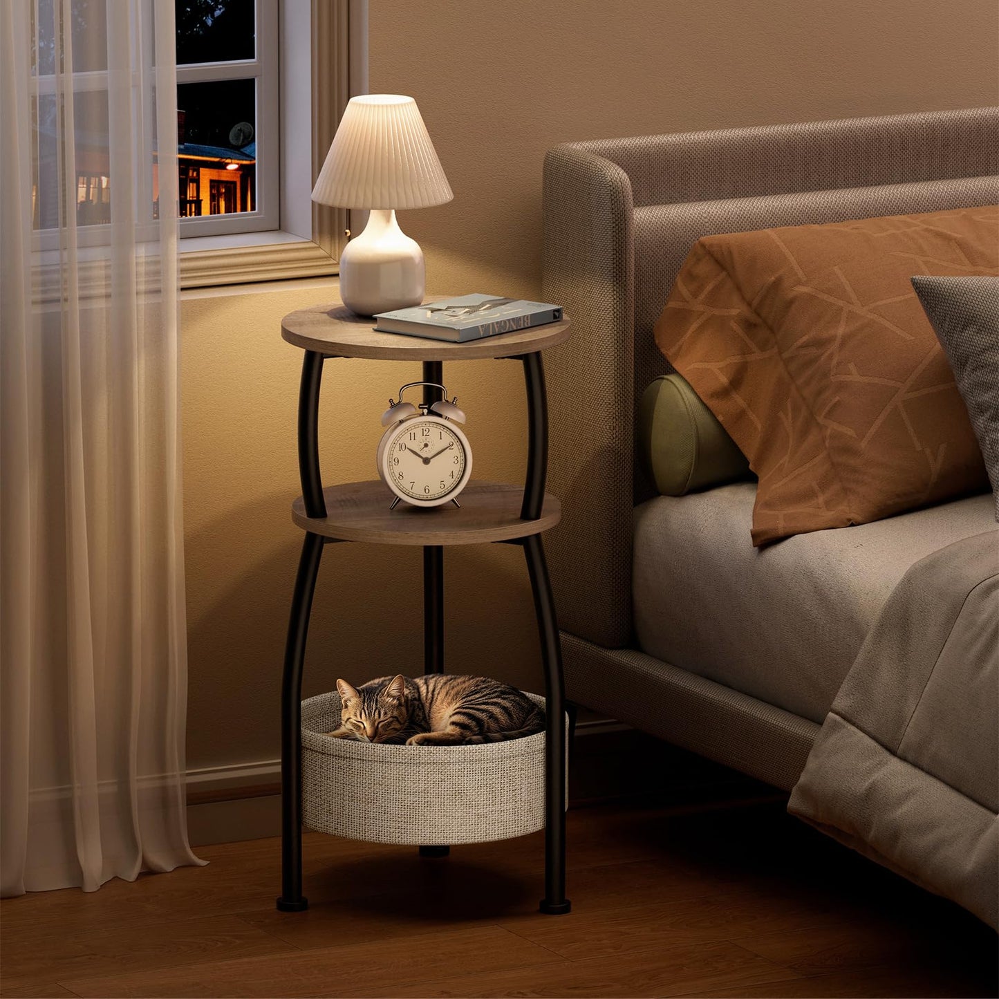 Yuede Round Side Table with Storage Basket –Small Space Saving End Table 3-Tier Coffee Table Bedside Corner Stand for Living Room, Bedroom, Garden and More 24in Tall Greige