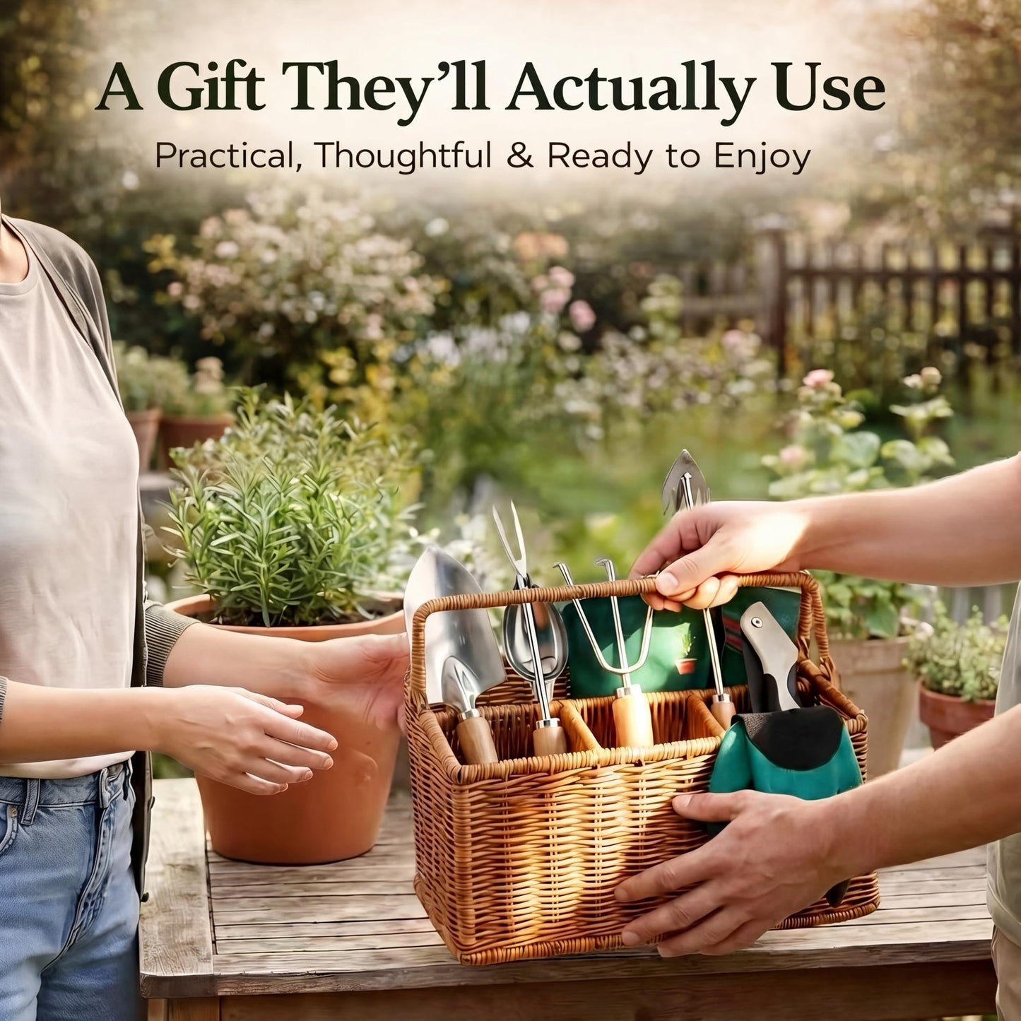 All-in-One Garden Tool Set with Basket, Stainless Steel Garden Tools with Wooden Handles, Garden Apron/Garden Waste Bags/Gardening Gloves Gardening Gift Set