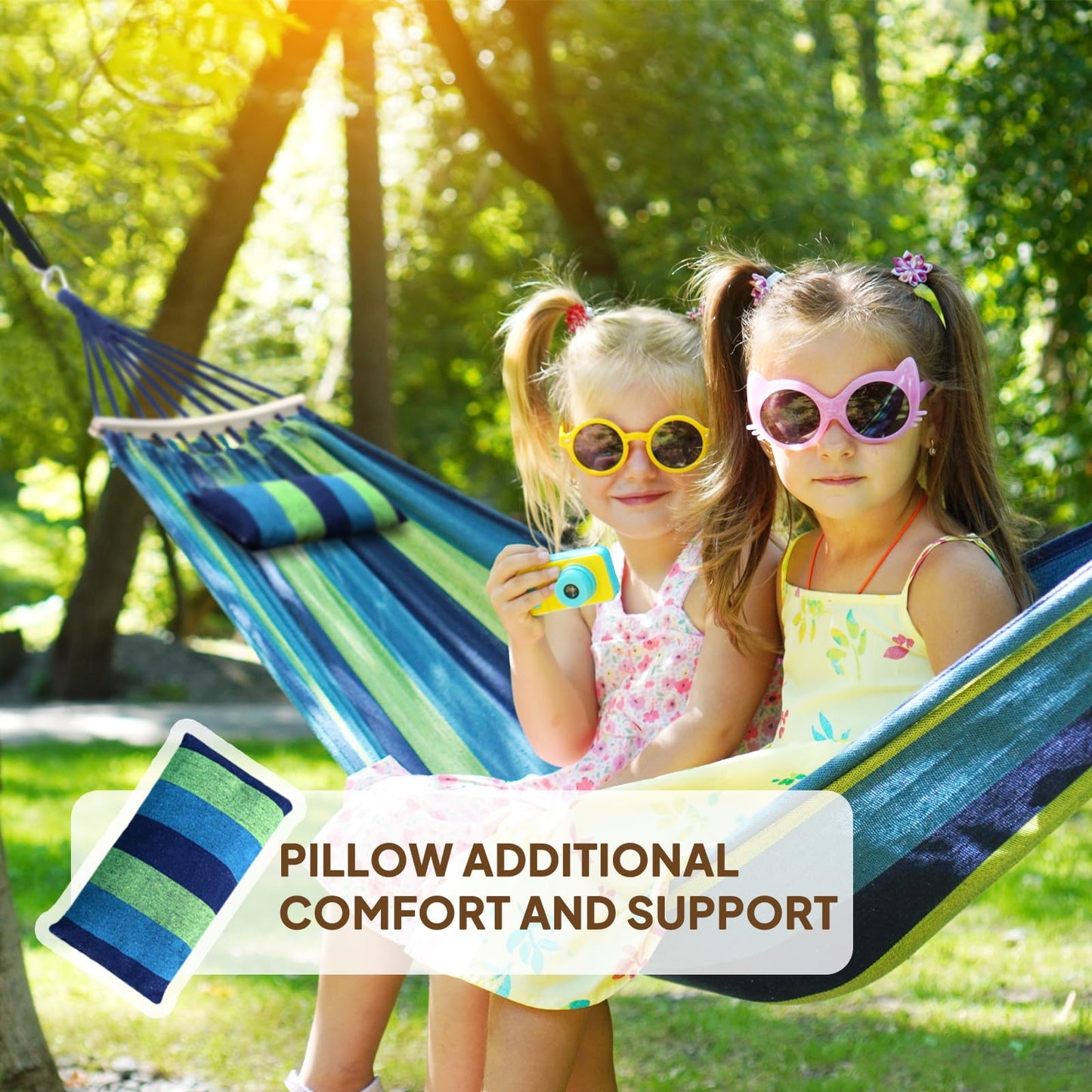 Chihee Cotton Hammock Holds Up to 660lbs Fabric Hammock 8.9x4.9ft Soft Portable Tree Hammocks Camping with Detachable Spreader Bar Pillow 2 Strong Webbings 2 Carabiners Indoor Outdoor Backyard Garden