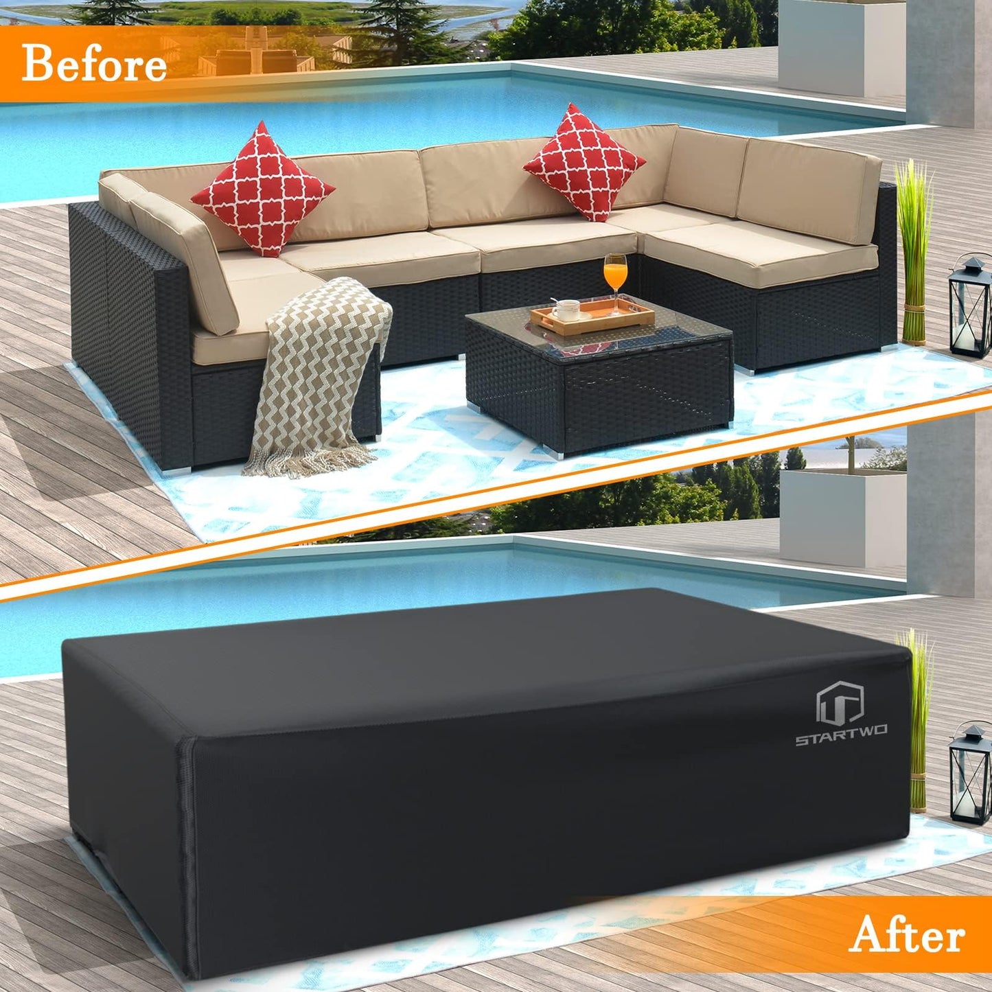STARTWO Patio Furniture Covers Waterproof, Outdoor Furniture Set Cover for 7-12 Seats Sectional Sofa Table Chairs Anti-UV Tear-Resistant 500D Heavy Duty,110"x84"x28", Black