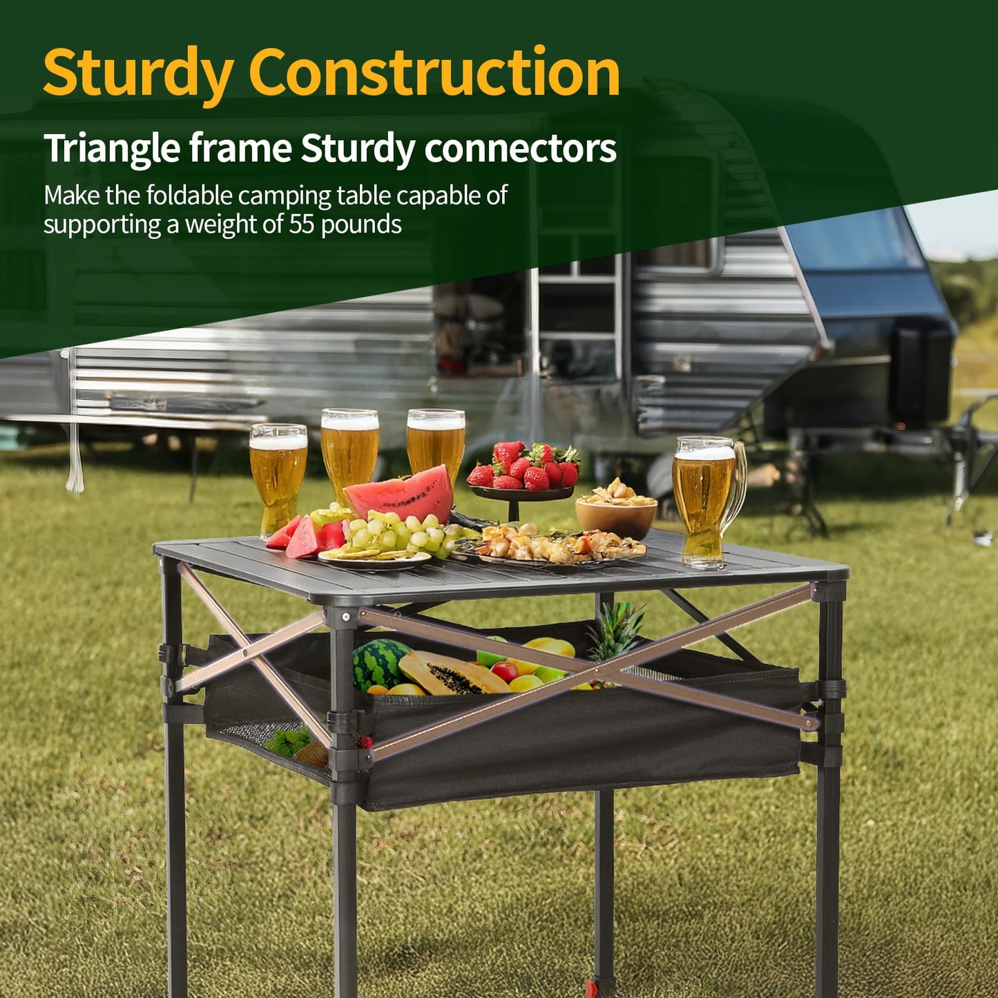 Nice C Aluminum Square Table, Adjustable Height Folding Camping Table, Lightweight Collapsible Table with Roll-up Tabletop, Carry Bag, for Outdoor, Camping, Picnic, backyards, BBQ (20'' Medium)