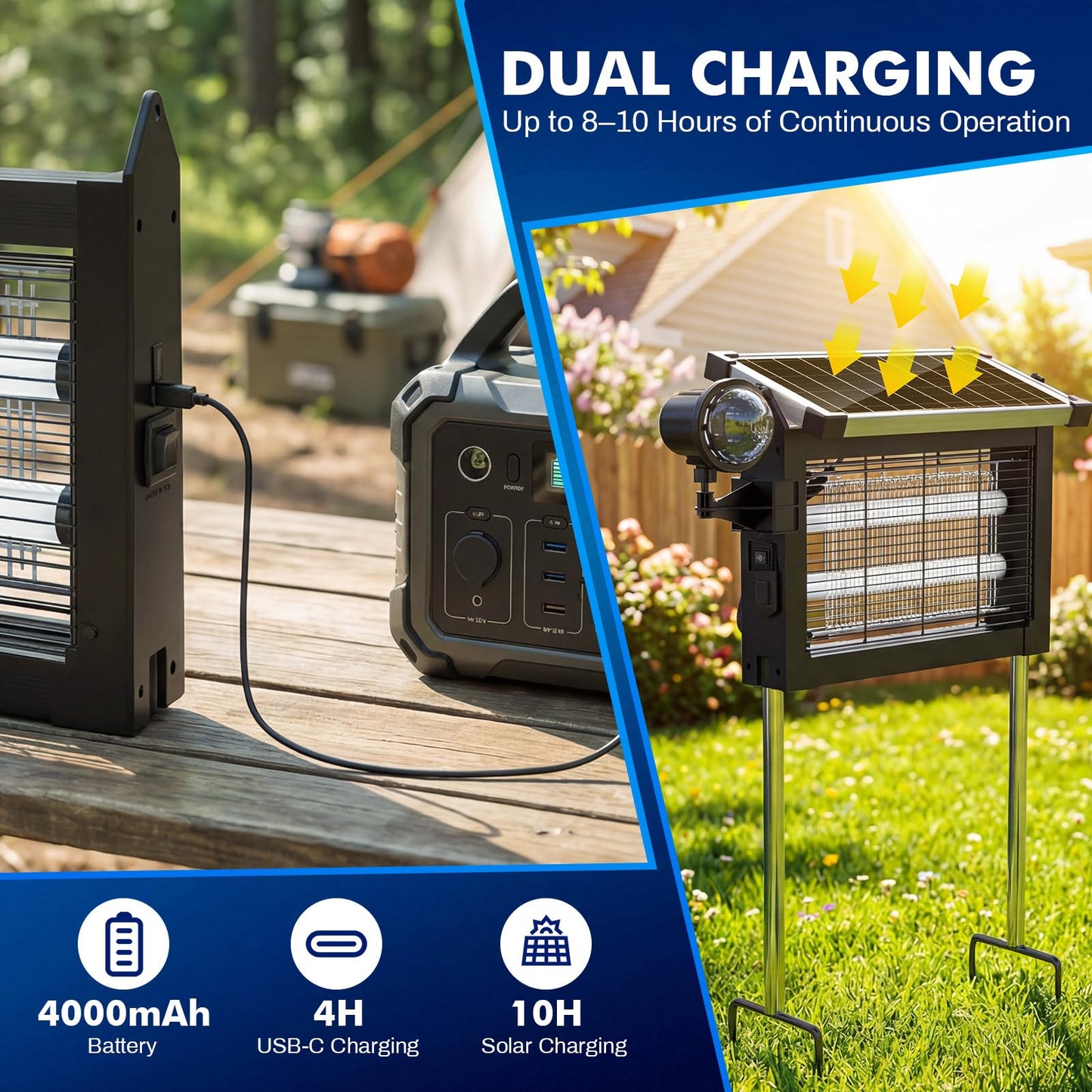 Solar Bug Zapper Outdoor, Jinyeda 2 in 1 Water Wave Projector & Mosquito Zapper, 4500V Powerful Electric Mosquito Killer, 4000mAh Battery, Cordless Fly Insect Zapper Waterproof for Patio Garden