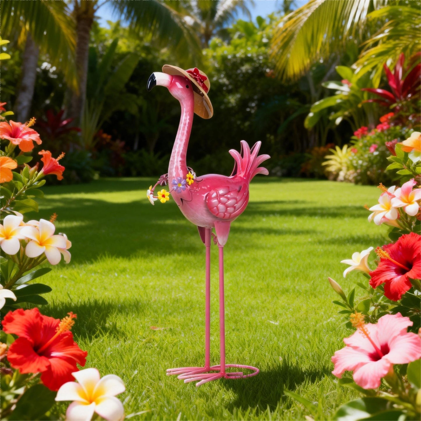 Natelf Flamingo Metal Garden Statue Outdoor Pink Hawaii Flamingo Yard Art Sculpture Decor with Flower Lei & Straw Hat, Waterproof Rust-Proof Lawn Decor for Patio, Poolside, Tropical Party