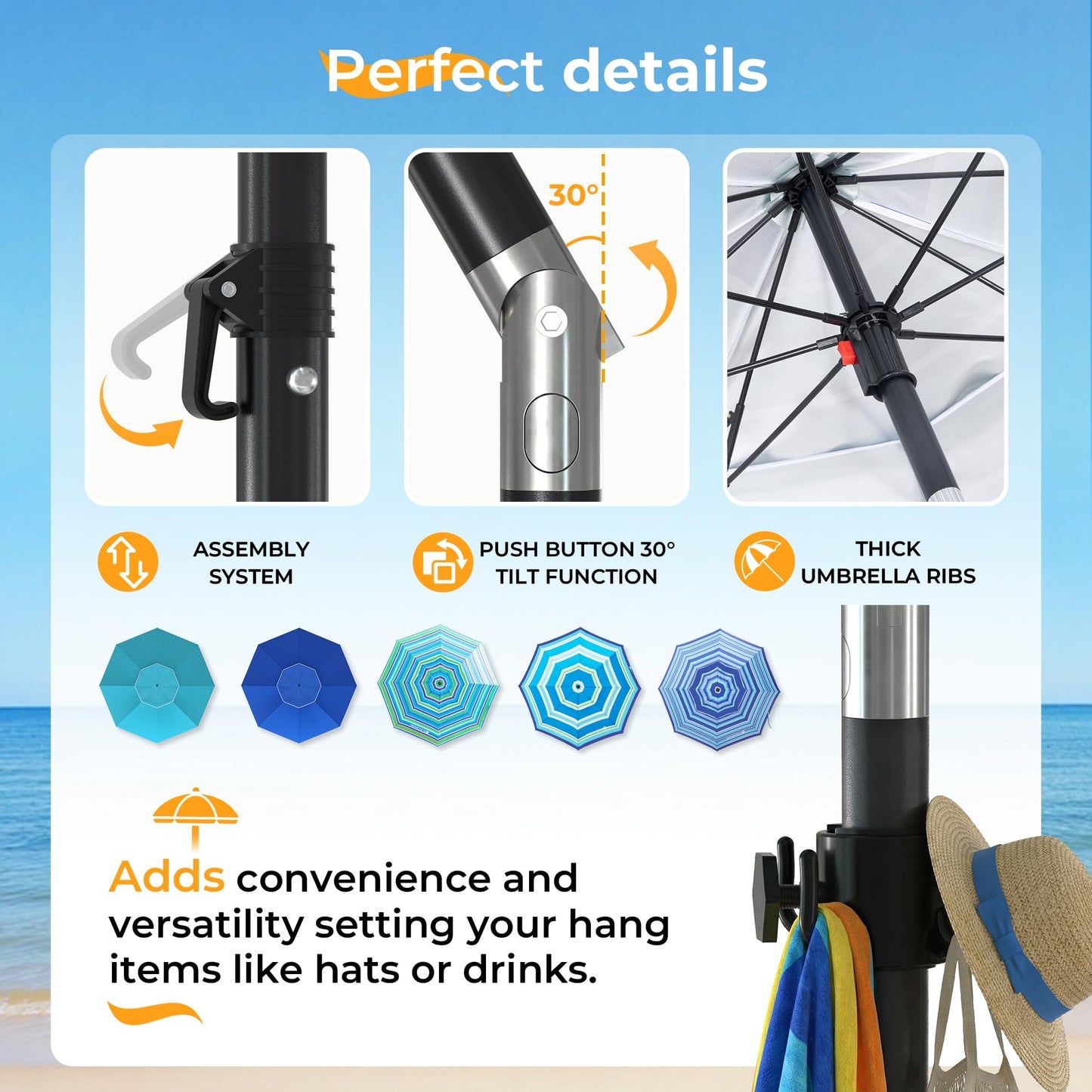 HOMEDEMO 7FT Beach Umbrella with Table & Large Sand Anchor, Heavy Duty Windproof Portable Beach Umbrella witn UPF 50+ Sun Protection, Outdoor Umbrellas with Adjustable Aluminum Pole, Türkiye Blu