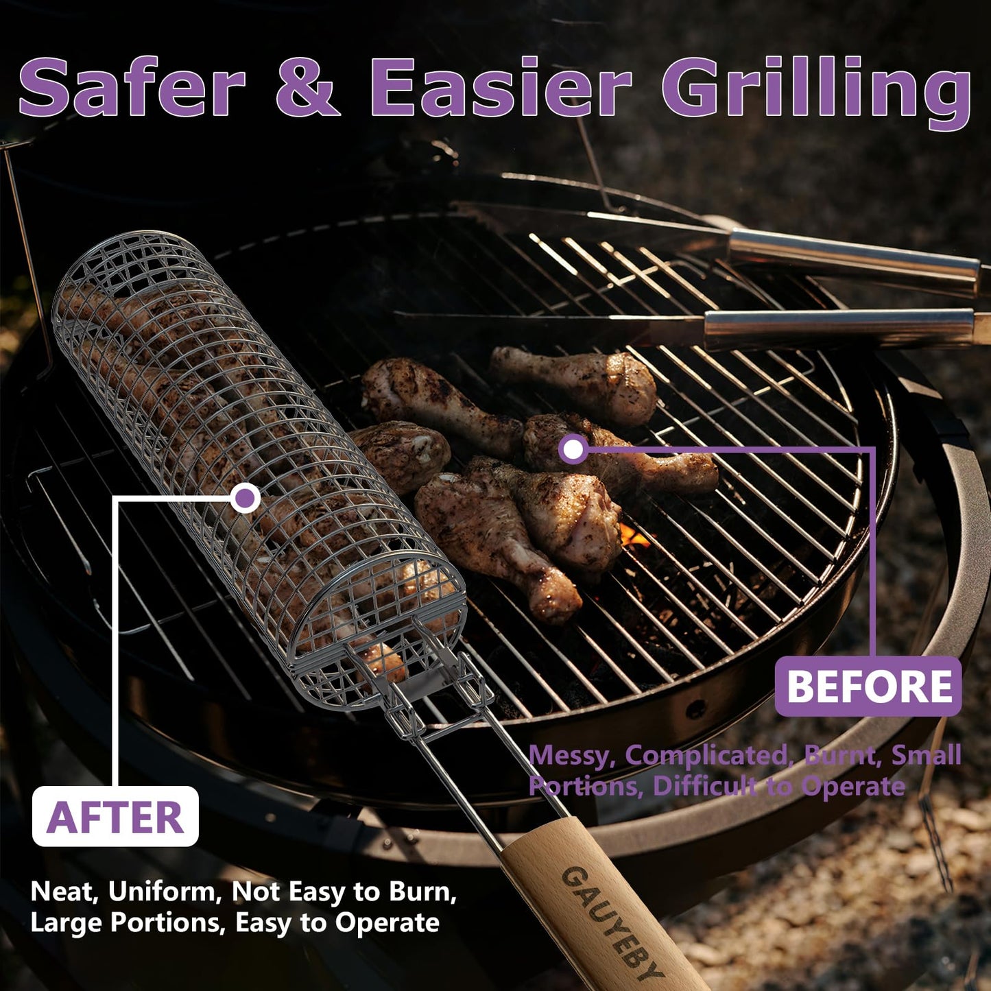 GAUYEBY Rolling Grill Basket, Grill Baskets for Outdoor Grill, REMOVABLE HANDLE, Anti-Scorch Stainless Steel BBQ Net Tube for Meat, Shrimp, Vegetables, Grill Accessories, Gifts for Dad, Husband (Round)