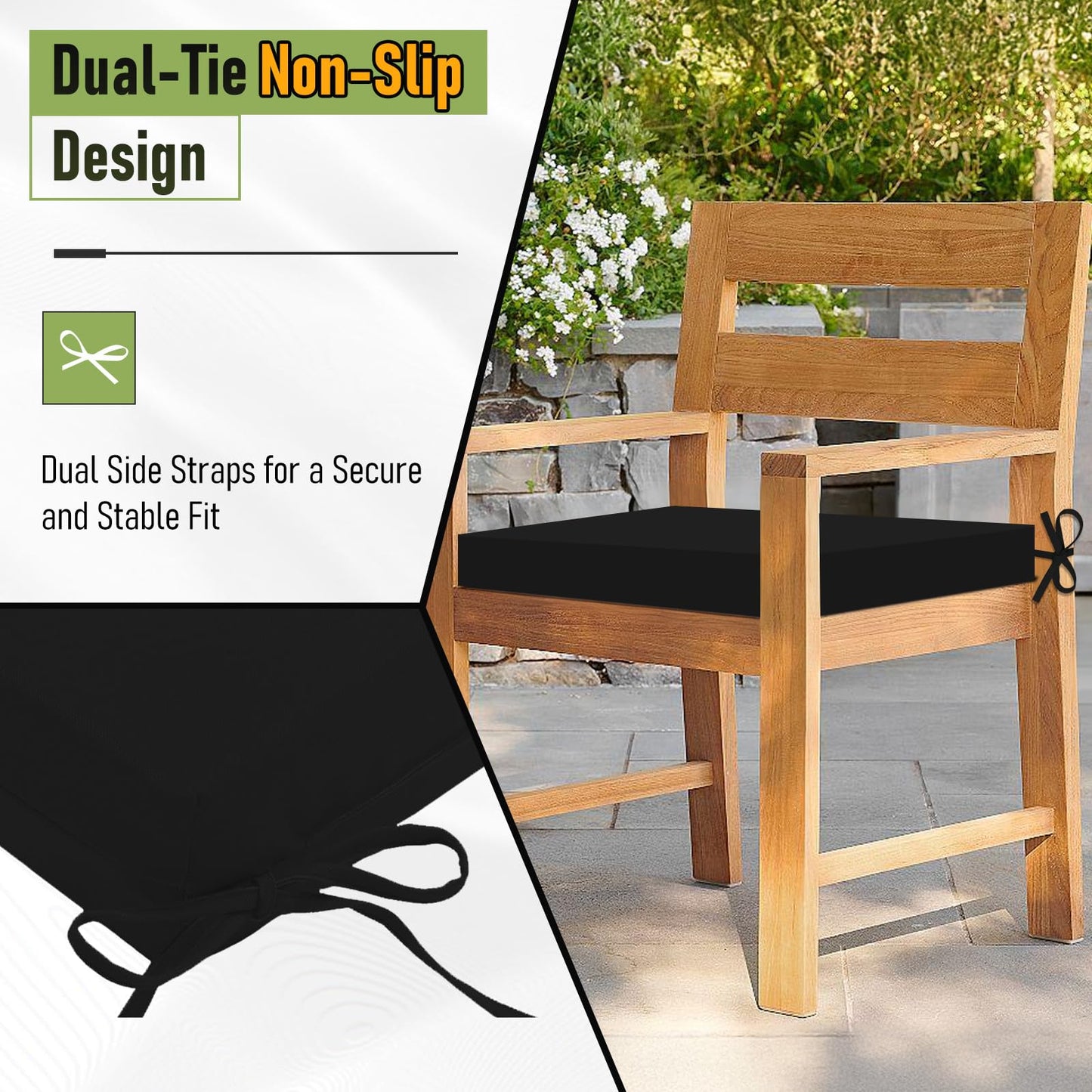 Basic Beyond Outdoor Chair Cushions Set of 6, Square Corner Outdoor Cushions for Patio Furniture, Water Resistant Patio Chair Cushions with 2 Ties, 18.5x16x3, Black