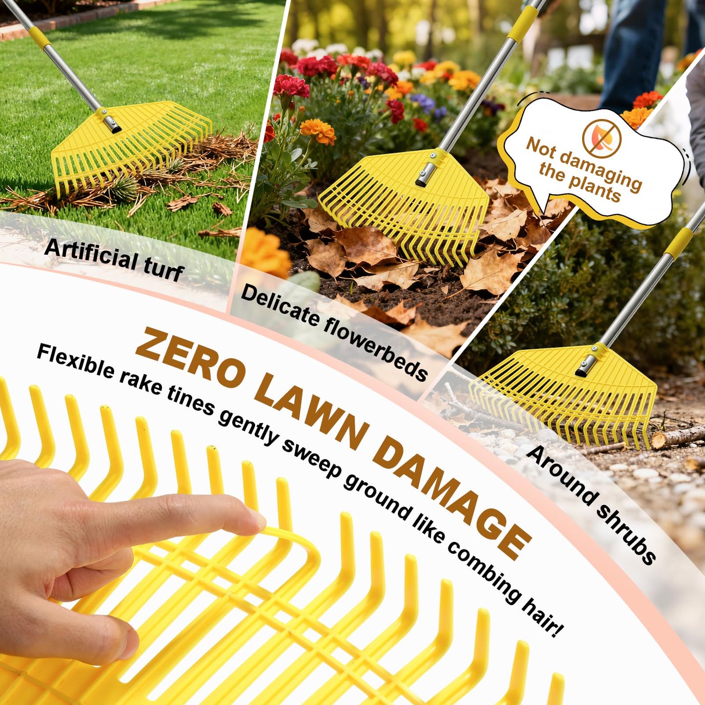 Leaf Rake - 16.5" Wide Nylon Plastic Head,65" Adjustable Handle,Heavy Duty for Leaves,Grass,Pine Needle,Mulch, Small Debris,Lawn-Friendly Tines,Lightweight for Women,Seniors & Kids