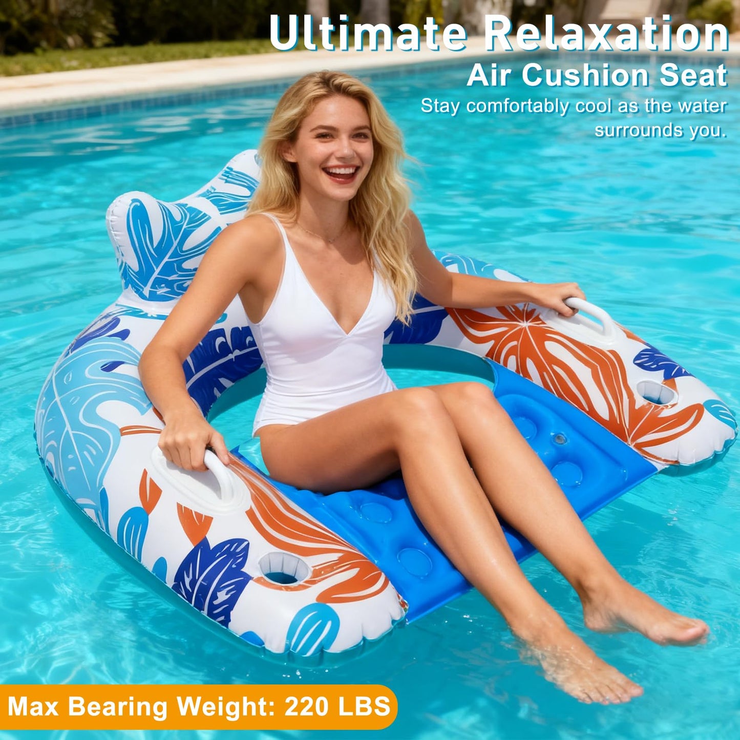 BSIEZC Pool Floats Adult, 3Pack Inflatable Pool Floats Chair, U-Shaped Pool Float Lounger with Comfortable Headrest, Cup Holders Sturdy Handles, Portable Pool Floaties for Adults Kids Beach Pool Lake
