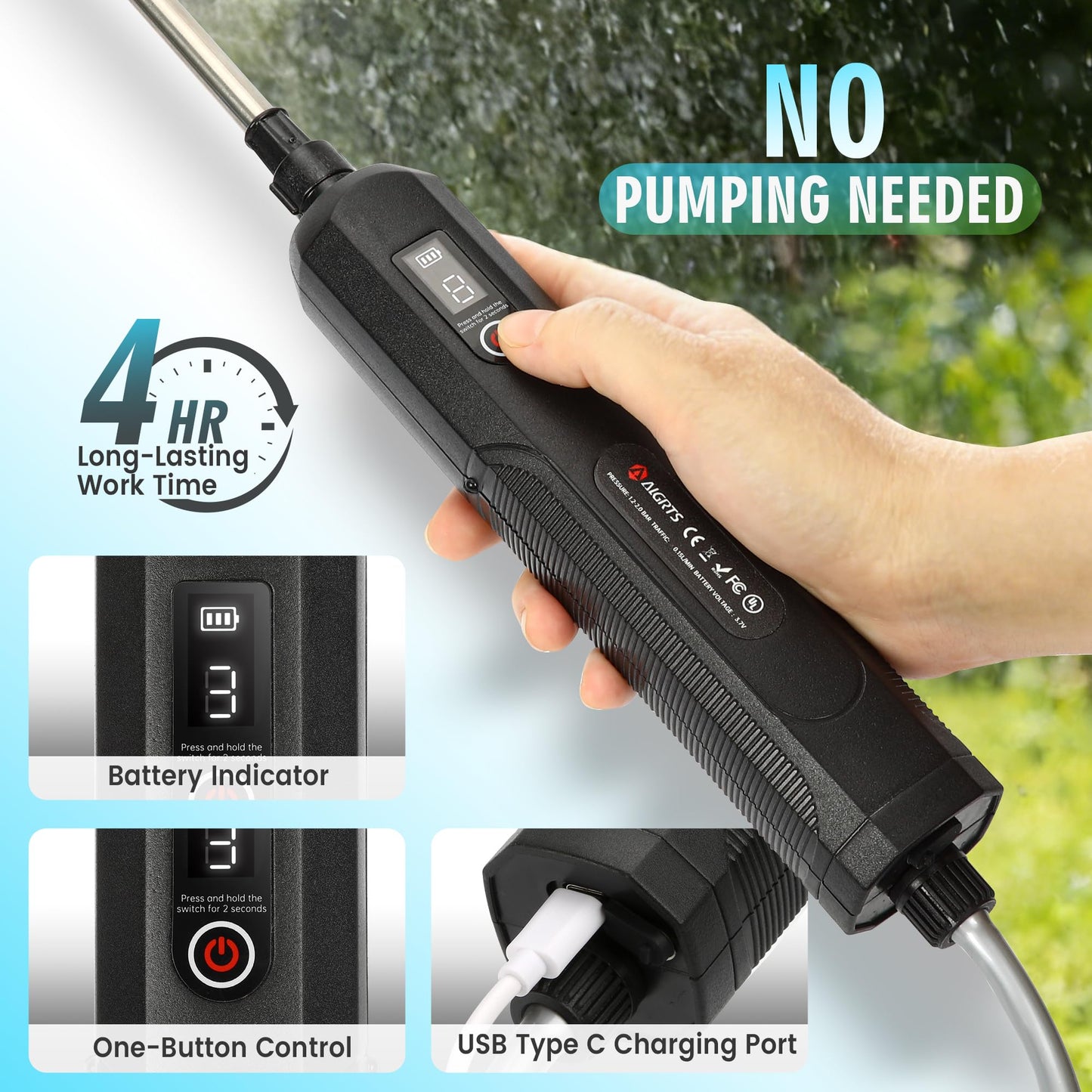 2 Gallon Electric Sprayer, Battery Powered Garden Sprayer with 3 Adjustable Speed, Automatic Water Pump Weed Yard Lawn Sprayer with 4 Mist Nozzles, USB Rechargeable Handle, Retractable Wand for Plants