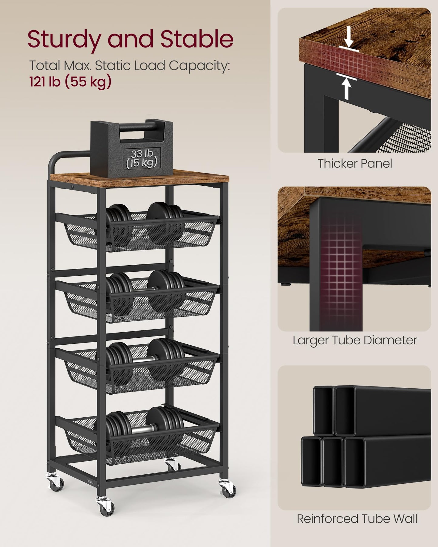 VASAGLE Storage Rolling Cart with Pull-Out Baskets, 5-Tier Utility Cart Orgnizer with Wheels for Laundry Room, Kitchen, Handle, 12.5 x 15.8 x 37.4 Inches, Rustic Brown and Ink Black ULRC041K01