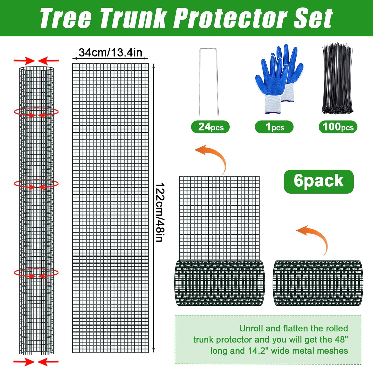 48" Metal Tree Trunk Protector - 6 Pack Mesh Tree Guards Tree Protectors with Zip Ties, Stakes, Gloves, Expandable Tree Trunk Protector Guard, Tree Protectors from Deer, Animals, Mower, Trimmers