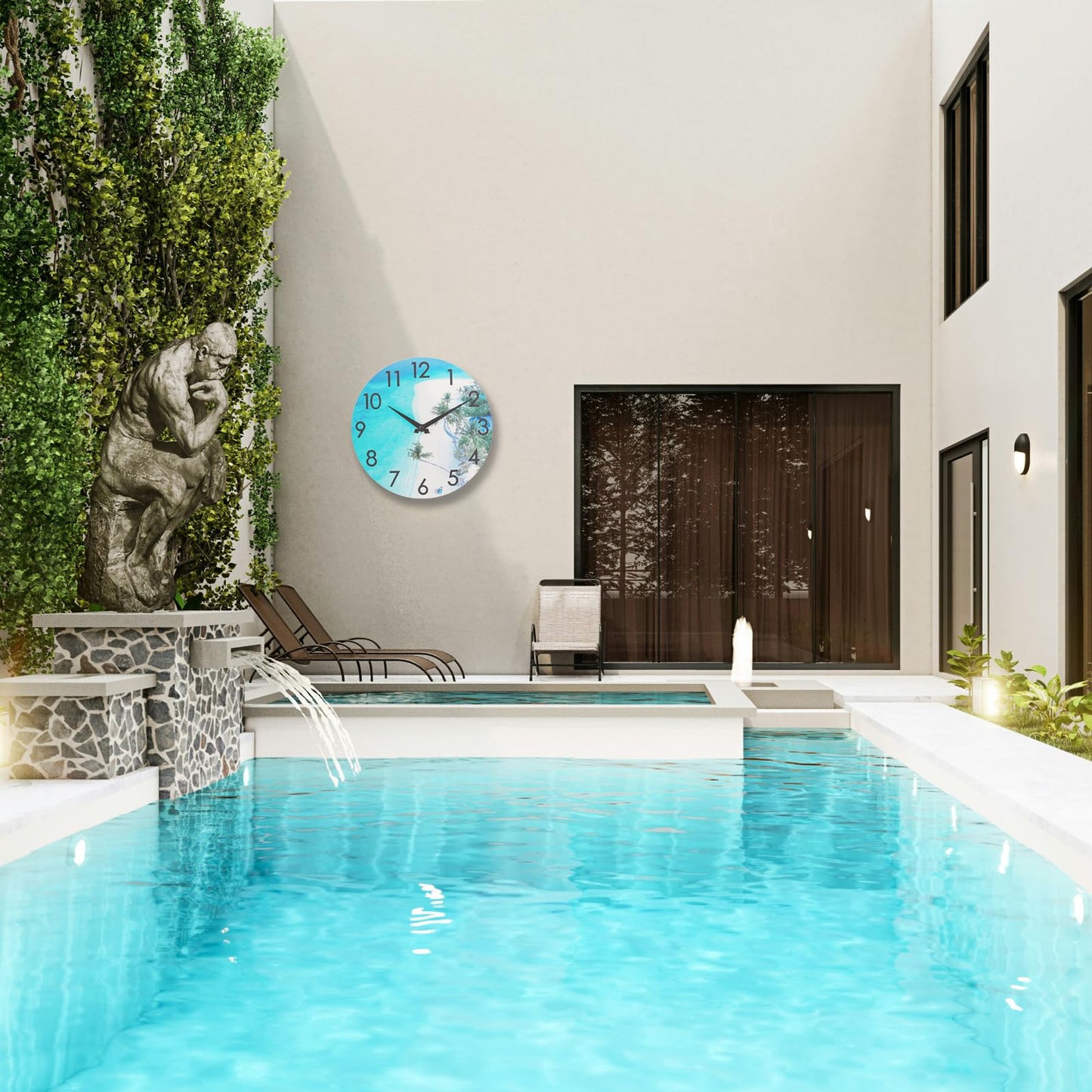 Crosstime 14 Inch Outdoor Wall Clock - Waterproof Tempered Glass, Silent Non-Ticking Easy to Read, Blue Beach Nautical Coastal Decor for Patio, Pool, Garden, Backyard