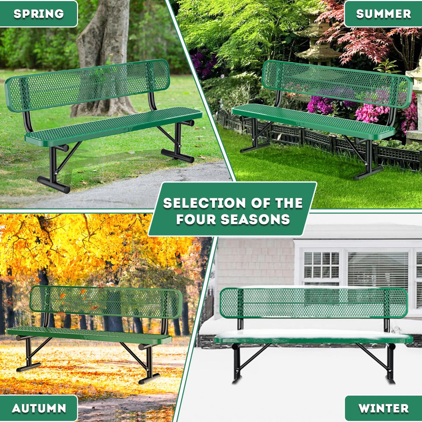 Gaonala 6Ft Heavy Duty Park Bench with Back Portable Frame, Outdoor Steel Bench with Backrest, Expanded Metal Mesh Bench for Lawn, Park, Deck, Garden, Patio, Porch, Green