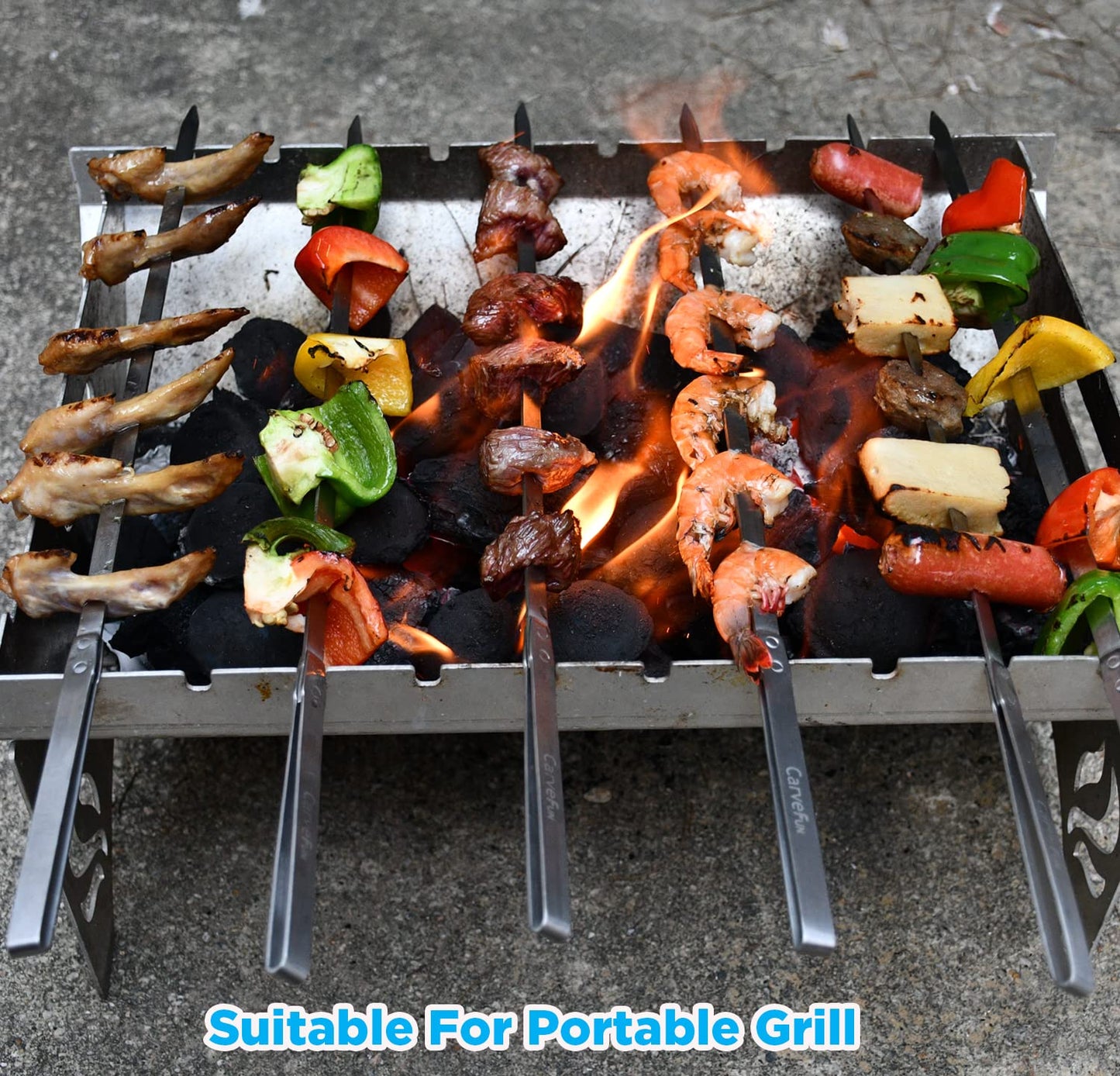 Carvefun Innovative Thermal Insulation Handle BBQ Skewers Set - 6 Stainless Steel Wide BBQ Kebob Sticks For Grill - Flat Metal With 1 Food Remover Bar - 16.7' Inch Metal Kabob Skewers