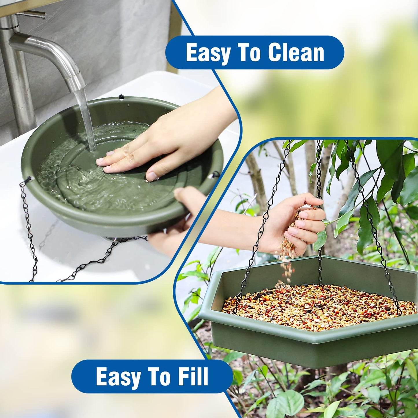 Hanging Bird Bath，2 in 1 XL Hanging Bird Feeder & Birds Bath for Outside, Birds Water Feeder,Tray for Outdoors Garden Patio Decoration