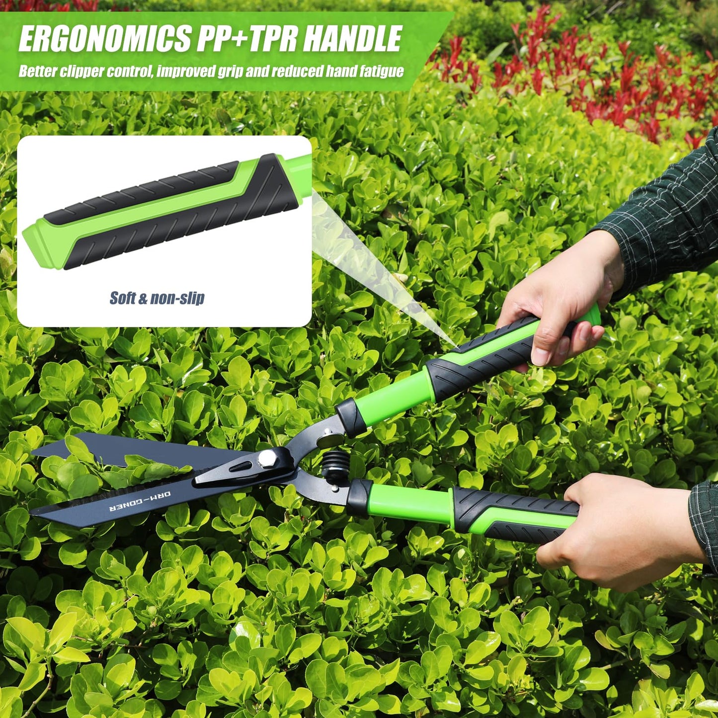 DRM-GDNER Professional Heavy Duty Hedge Shears 23" - Serrated Blade & Dual Shock Handle, Ergonomic Gardening Clippers with Anti-Rust Coating