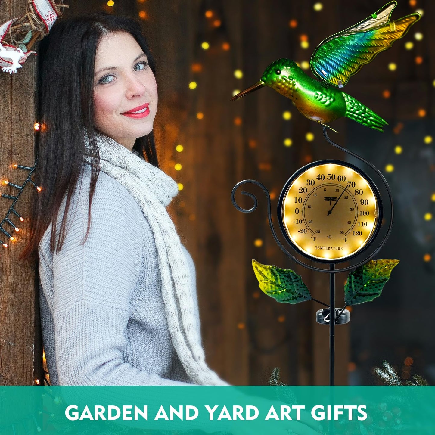 HONGLAND Outdoor Thermometer with Solar & Warm LED Lights, Metal Hummingbird Temperature Stake for Garden, Lawn, Patio, Waterproof Yard Decor