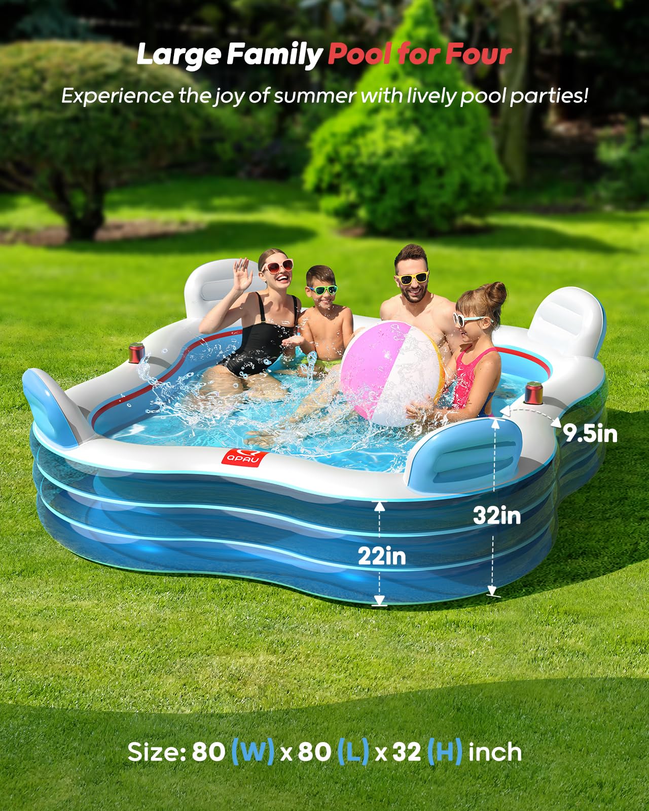 QPAU Inflatable Swimming Pool, Full-Sized Blow Up Pool with Seats and Backrests, Kiddie Pool for Outdoor & Backyard, for Family Summer Time Fun, Clear Blue