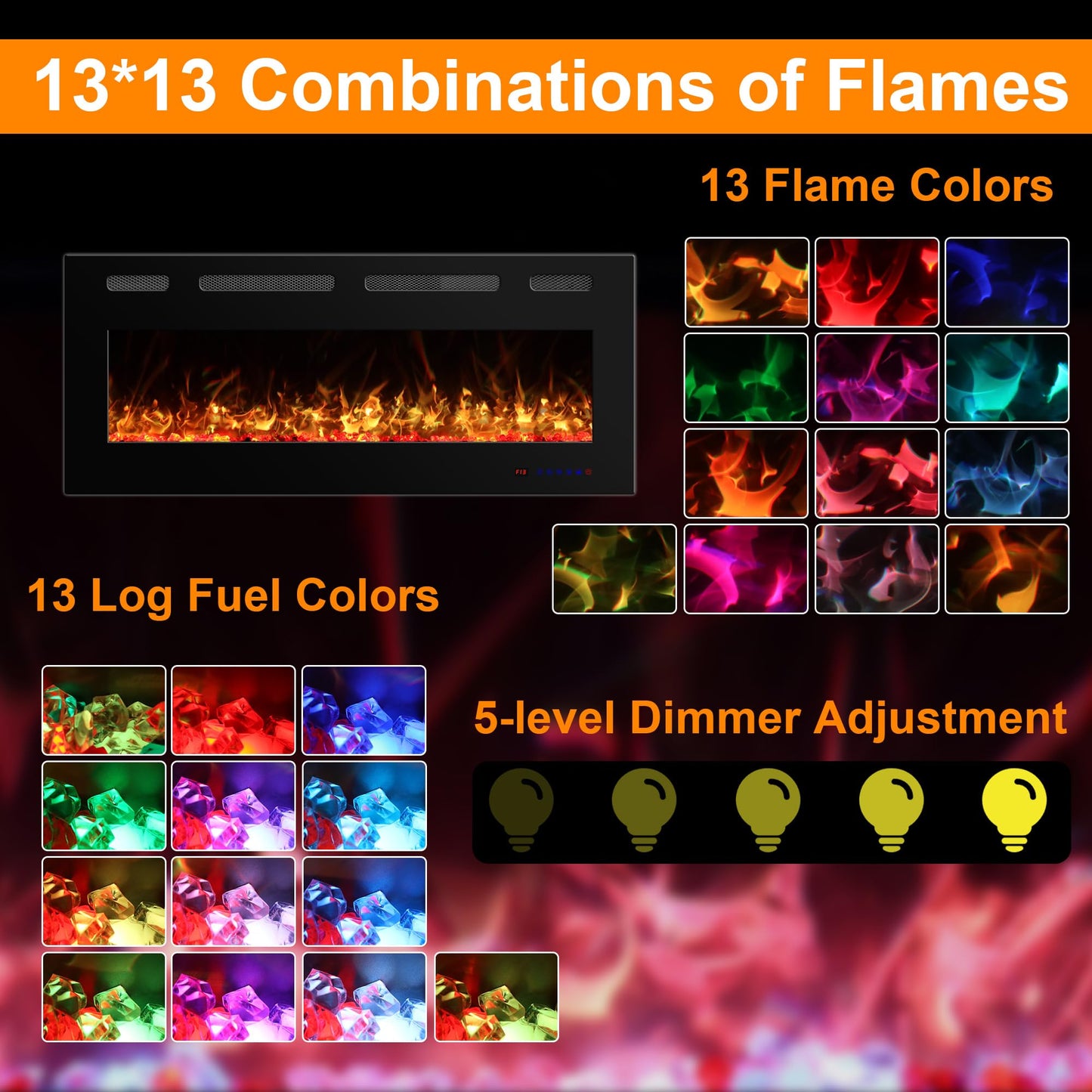 42 in Ultra Thin Electric Fireplace Insert with Remote Control 13 Flame&Flue Bed Colors, Overheat Protection and Thermostat, Low Noise Recessed&Wall Mounted Slim Fireplace Heater Chiminea with Dimmer