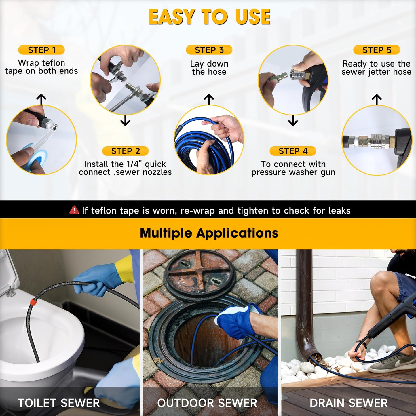TUTULUCK Sewer Jetter Kit for Pressure Washer 100ft – 5800PSI Drain Cleaning Hose 1/4" NPT Corner with High-Pressure Nozzles, Watering Spray Nozzle, Sewer Cleaning Tools & Easy-to-Store Strap