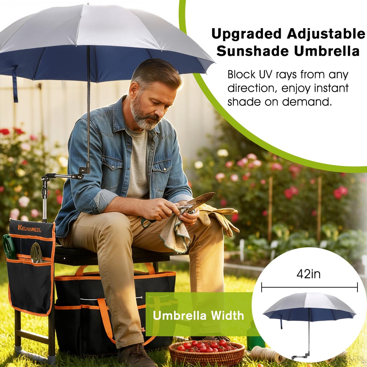 KELHOMECL Garden Kneeler and Seat with Umbrella, 2-in-1 Foldable Gardening Stool with Adjustable Bracket, Detachable Tool Bags, Heavy Duty Kneeling Pad for Gardening (Black Orange)