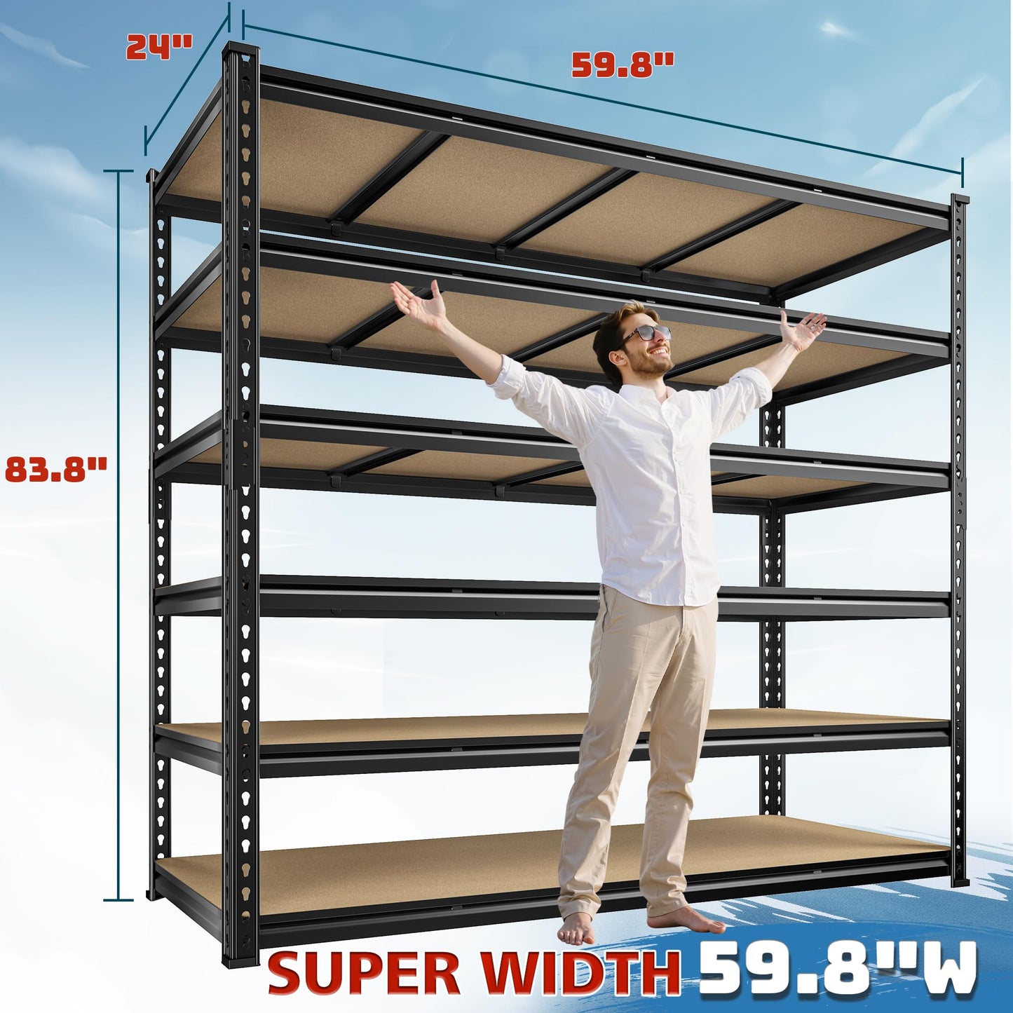 DurayLoly 83.8"H Garage Shelving 59.8"W Metal Shelving 3000LBS Storage Shelves Heavy Duty Garage Shelves Adjustable 6 Tier Metal Shelf for Basement Warehouse Pantry Supermarket 59.8"W x 24"D x 83.8"H