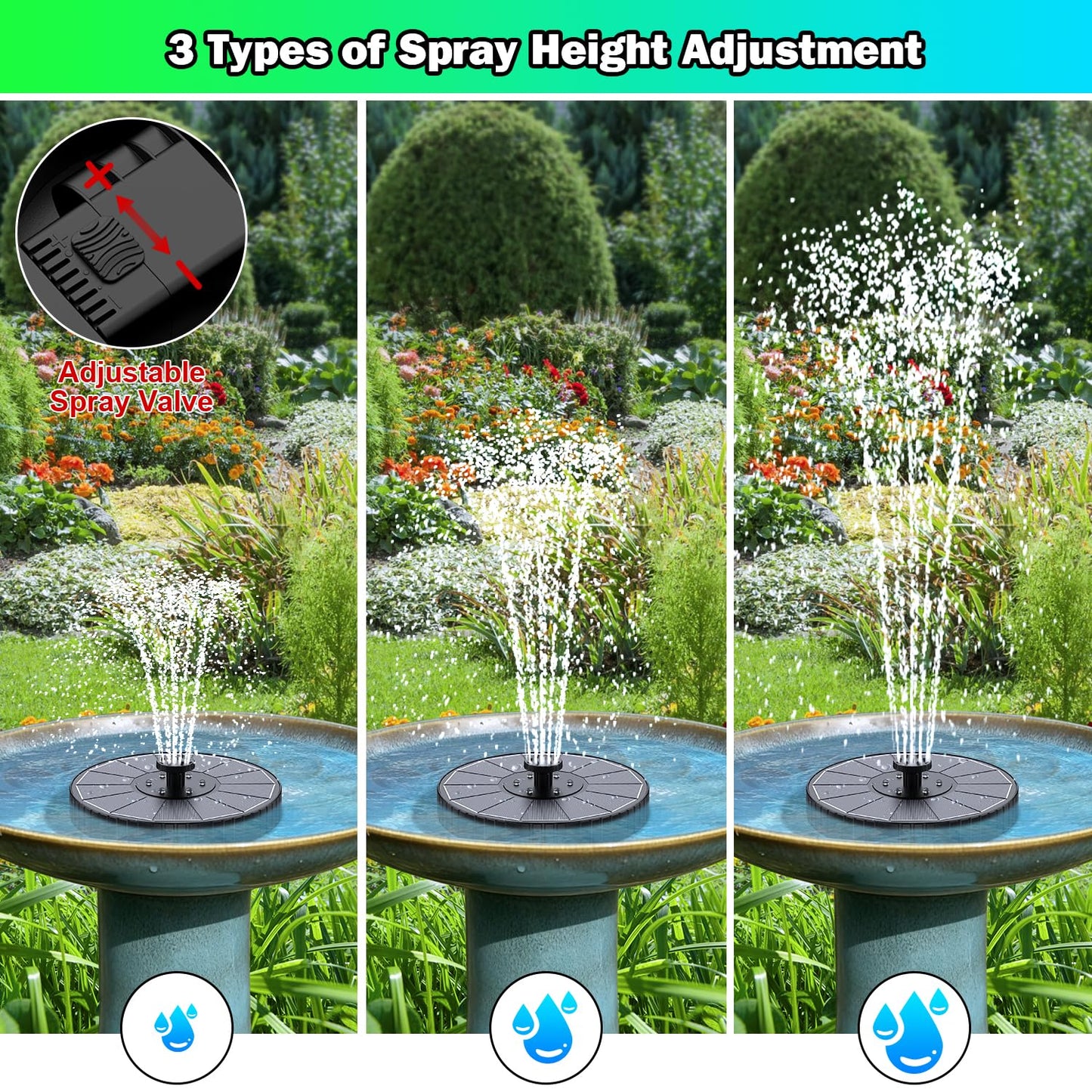 SZMP 3.5W Glass Solar Fountain with Swivel-Out Fixed Rods, Solar Bird Bath Fountains with LED Lights and 2000mAh Battery, 7 Nozzles, Outdoor Solar Water Fountain Pump for Garden, Pool, Pond (Black)