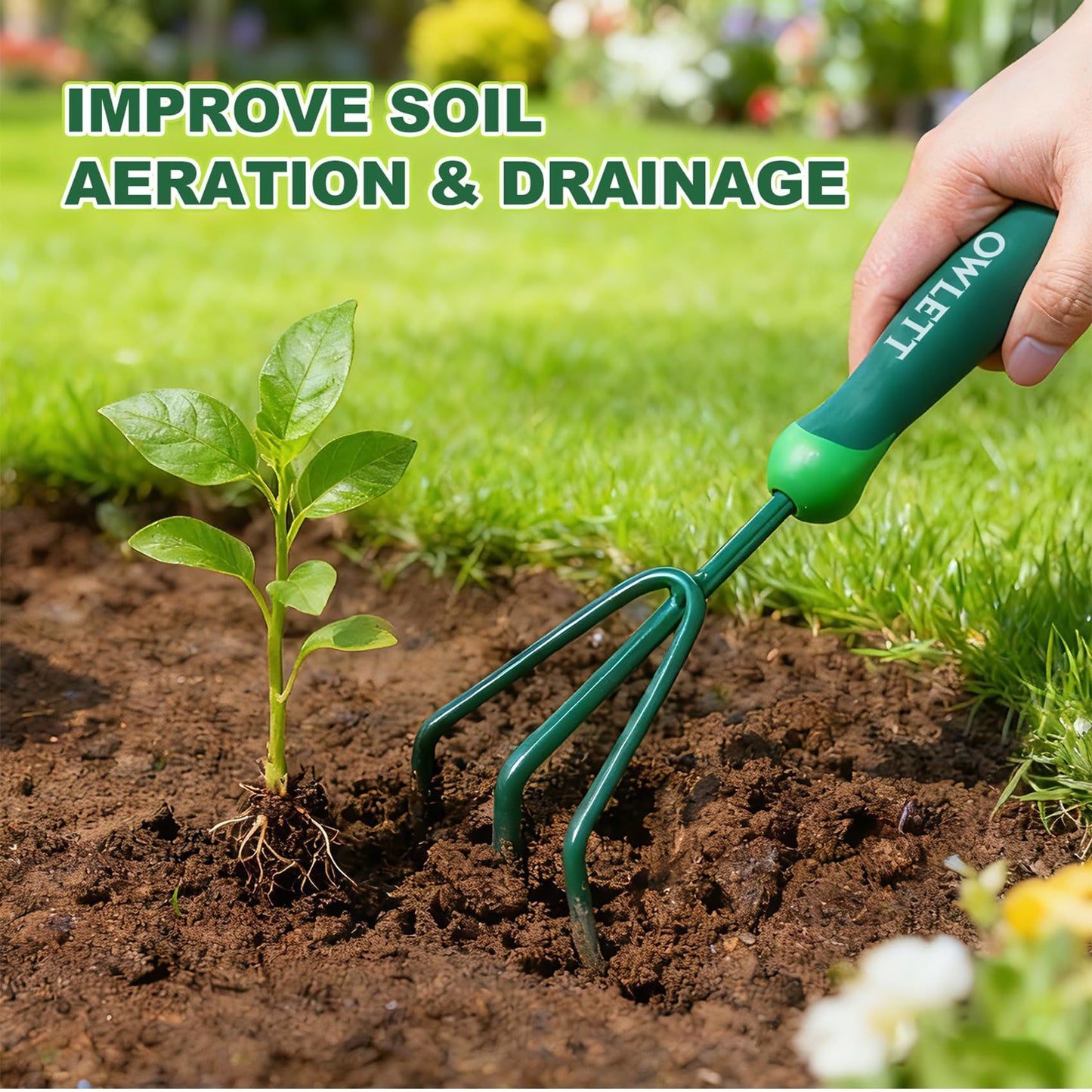 Owlett Garden Hand Rake, 3 Prong Hand Cultivator Garden Tool with Ergonomic Rubber Handle, Manual Small Hand Rake Soil Tiller for Digging, Aerating Soil, Weeding, Cultivating with Hanging Hole