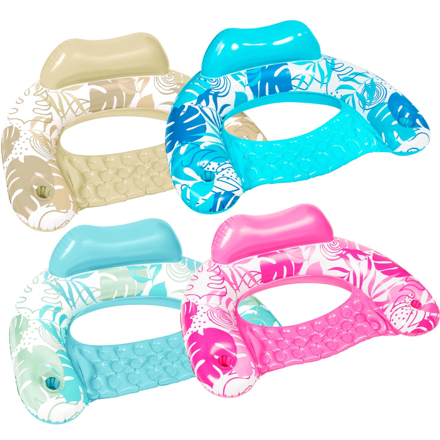 SLOOSH Inflatable Pool Floats Adult, 4 Pack Pool Chairs with Cup Holders,Blow up Floats Chair,Hammock Noodle Mat Leaves Design for Summer Water Fun Swimming Party Beach,Blue, Cyan, Pink, Champagne