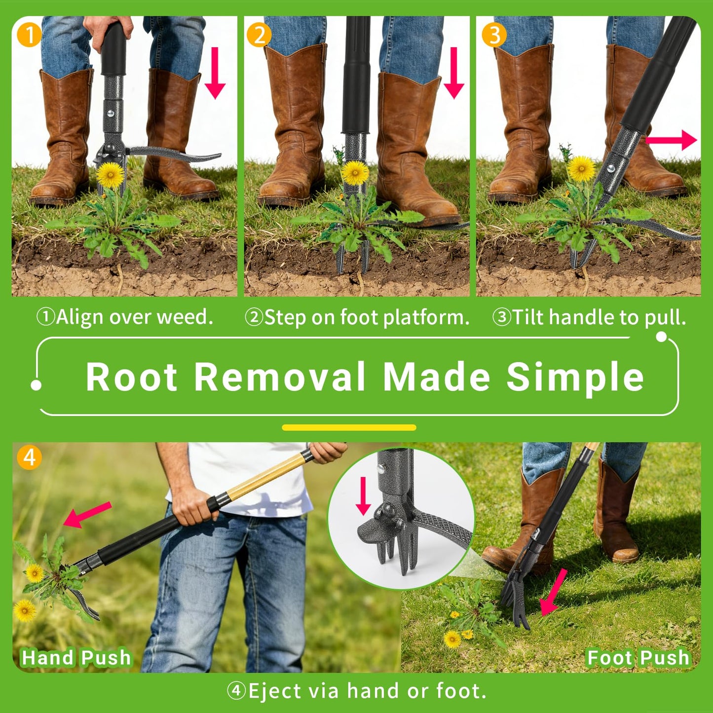 Bamda Weed Puller Tool, Heavy Duty Gardening Hand Tools with 4-Claw Steel Head & Dual-Eject Mechanism, 43.5" Bamboo Long Handle Stand Up Weeding Tool for Lawn Yard, Includes 16 Gallon Leaf Bag