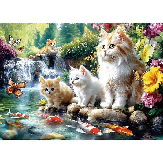 Serene Cat Garden 1000 Piece Jigsaw Puzzle for Adults, Waterfall Scene with Koi Fish and Butterflies, 27.56 x 19.69 Inch, Relaxing, Detailed Art for Solo or Social Puzzling