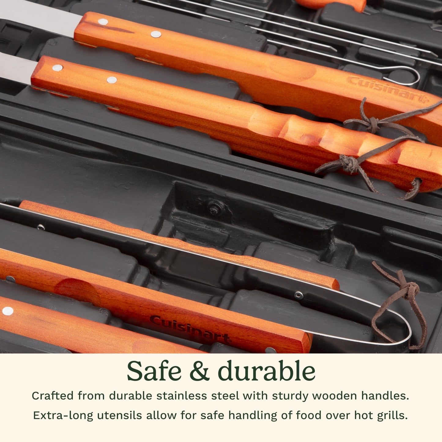 Cuisinart 13-Piece Wooden Handle Grill Tools Set, Grill Utensils Set BBQ Accessories, Durable Stainless Steel Spatula, Tongs, Cleaning Brush & More, Compact Case, Grilling Gifts for Men, CGS-W13