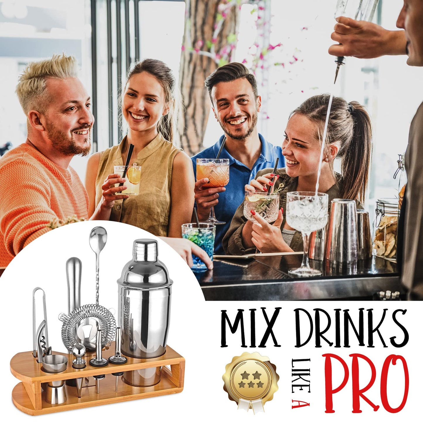 Cocktail Shaker Set Bartender Kit : 12-Piece Bar Tool Set with Bamboo Stand | Bars Set with All Practical Bar Accessories, for Drink Mixing, Bar, Home, Lounge & Party (Silver)