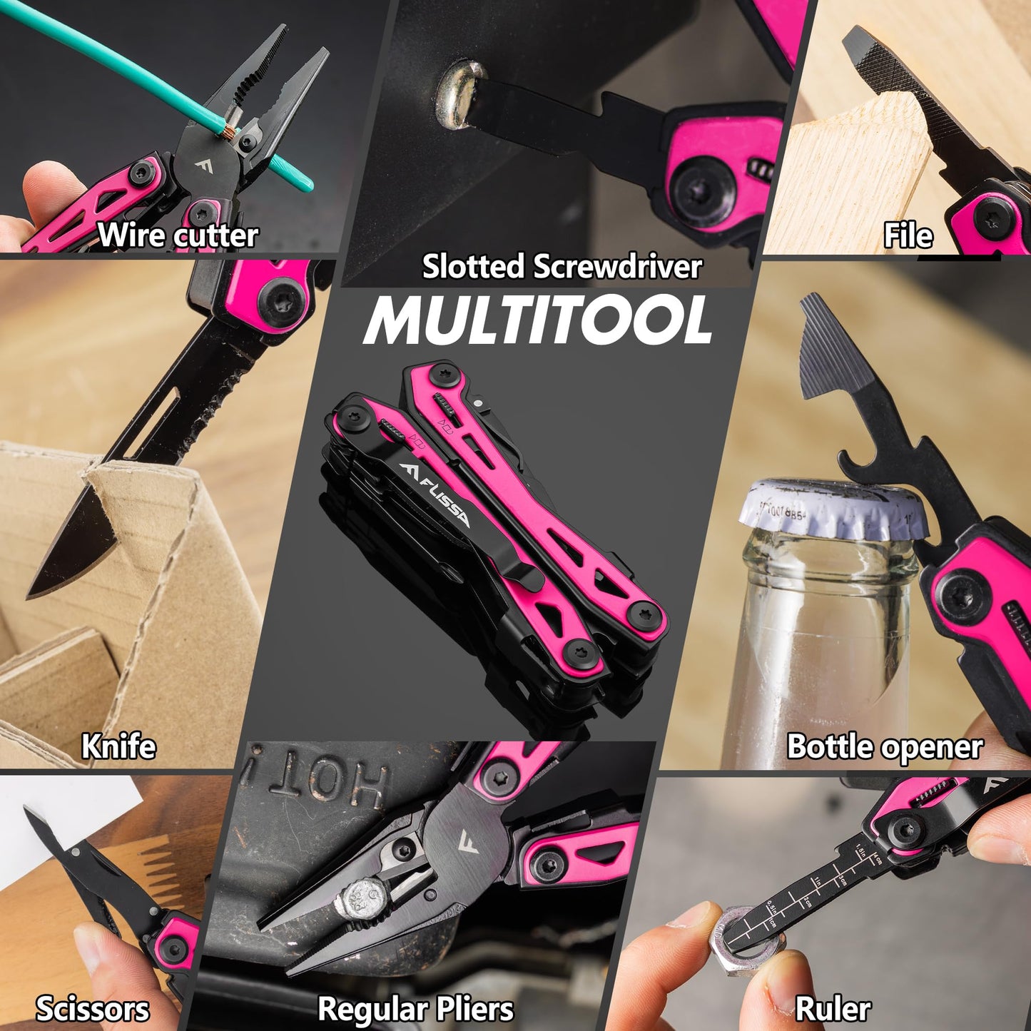 FLISSA 16-in-1 Pink Multi Tool Pliers, Gifts for Mom Women, Stainless Steel EDC Multitool with Pocket Knife, Belt Clip and Oxford Pouch, for Camping Survival Outdoor Activities