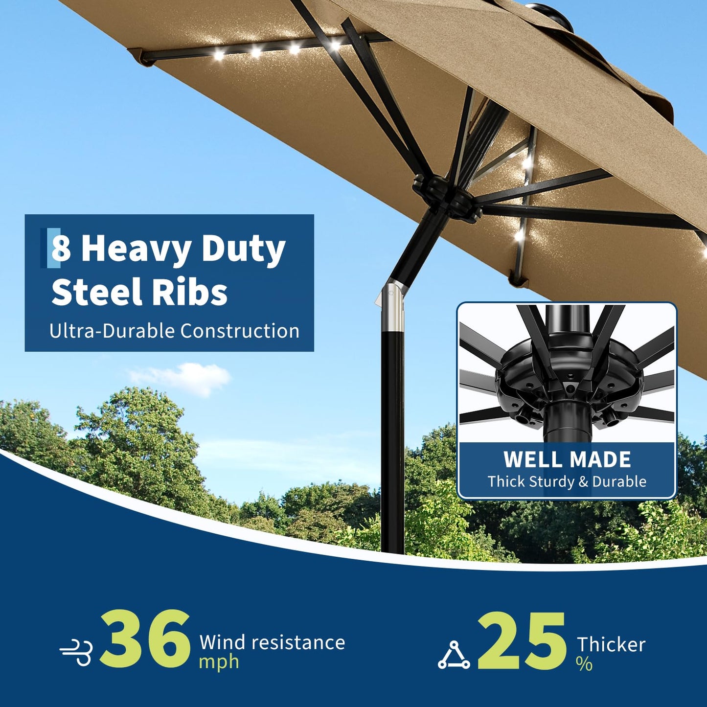 Garvee 10 FT Patio Umbrella with Solar Lights, Outdoor Table Umbrella with 8 Durable Ribs, Tilt & Crank Mechanism, Waterproof & UV Protection for Garden, Backyard, Poolside, Tan